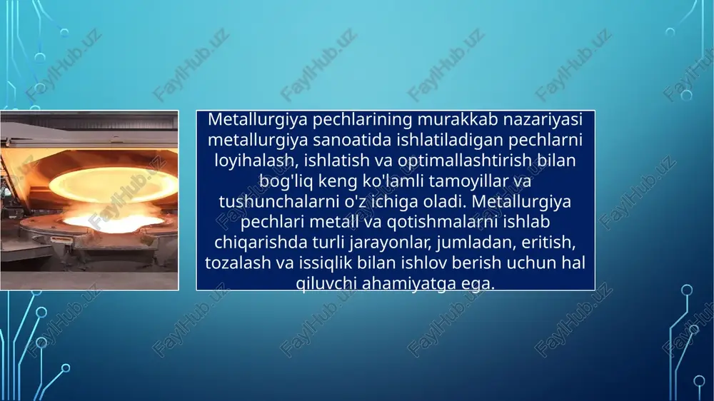 irishi va energiya sarfini minimallashtirishi mumkin. ushbu keng qamrovli tushunish metallurgiya sanoati uchun tejamkor va barqaror ishlab chiqarish jarayonlariga erishish uchun juda muhimdir. foydalanilgan adabiyotlar: www.wikipedia.uz www.ziyo.net www.hozir.org e’tiboringiz uchun raxmat! image1.png image10.png image3.png image11.png image12.png image4.png image5.png image13.png image6.png image7.png image14.png image8.png image9.png /docprops/thumbnail.jpeg mavzu: metallurgik pechlarning kompleks nazariyasi tekshirdi: