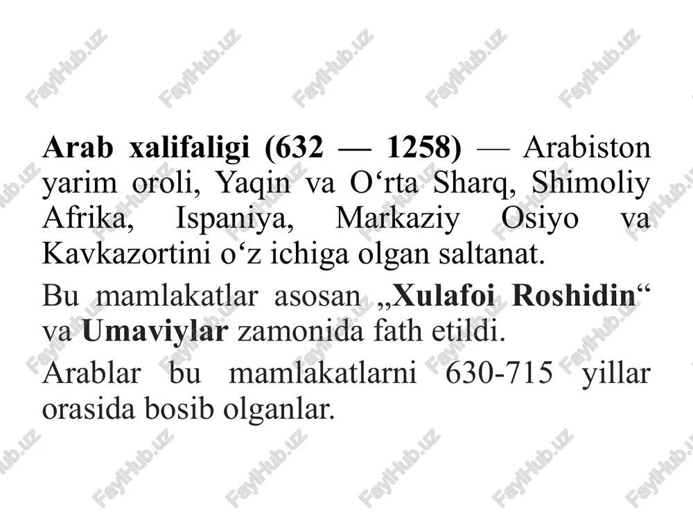 otgan kichik osiyoni ular uzoq vaqt bosib olmagan va arablar konstantinopol devorlari ostida bir necha bor mag'lubiyatga uchragan. xalifalikning parchalanishi arab xalifaligining hokimiyat manbai asosan dindir. diniy, siyosiy va ma'muriy vakolatlar ajralmasdir. yerga egalik qilish davlat, jamoat yoki xususiy bo'lishi mumkin. biroq, yer tovar emas. butun aholi soliqlarga tobe edi. askarlar o'zlarining jangovar shayligini saqlab qolish uchun maosh oldilar, shuningdek, jangovar shaylikni kerakli darajada ta'minlash uchun aholidan ma'lum miqdorda soliq yig'ish huquqiga ega edilar. markaziy hokimiyat organlari arab xalifaligidagi xalifa oliy hokimiyatga ega edi. u arablarning va barcha allohga iymon keltirganlarning diniy rahbari edi. bundan tashqari, u barcha oliy lavozimlarni egallagan: u cherkov boshlig'i, oliy davlat boshlig'i, yerning oliy egasi, oliy qo'mondon va oliy sudya edi. barcha yuqori lavozimli amaldorlarni faqat xalifa tayinlagan. xalifaning bosh maslahatchisi sifatida xalifaning eng oliy amaldori vazir edi. vazirga katta dunyoviy va harbiy qudrat berilgan. vazir xalifa nomidan hukm yuritish, shuningdek, uning saroyini boshqarish huquqiga …