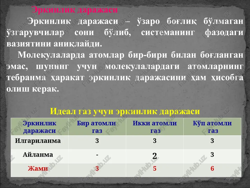 berildi. gaz ichki energiyasi u2 bo'lgan holatga o'tganda tashqi kuchlar ustidan a ish bajaradi. sistemaga issiqlik miqdori berilganda u musbat hisoblanadi, tashqi kuchlarga qarshi bajarilgan ish ham musbat bo'ladi. tajribaning ko'rsatishicha, energiyaning saqlanish qonuniga asosansistema birinchi holatdan ikkinchi holatga o'tganda ichki energiyaning o'zgarishi u=u2-u1 bir xil bo'lib, sistemaga berilgan issiqlik miqdori bilan tashqi kuchlar ustidan bajarilgan ishning ayirmasiga teng bo'ladi. u = q – a yoki q = u + a (1) (1) ifoda termodinamikaning birinchi qonunini ifodalaydi: sistemaga berilgan issiqlik miqdori sistema ichki energiyasining o'zgarishiga va tashqi kuchlar ustidan bajarilgan ishga sarf bo'ladi. adiabatik jarayon adiabatik jarayon deb, tashqi muhit va sistema o'rtasida issiqlik almashinuvisiz sodir bo'ladigan jarayonga aytiladi (dq=0). adiabatik jarayonlarga hamma tez sodir bo'ladigan jarayonlar kiradi. masalan, adiabatik jarayonga ovozning muhitda tarqalishini misol qilish mumkin, chunki ovoz to'lqinining tarqalish tezligi shunchalik kattaki, muhit bilan to'lqin o'rtasida energiya almashinuvi sodir bo'lmaydi. adiabatik jarayon ichki yonuv dvigatellarida, muzlatkich qurilmalarida …