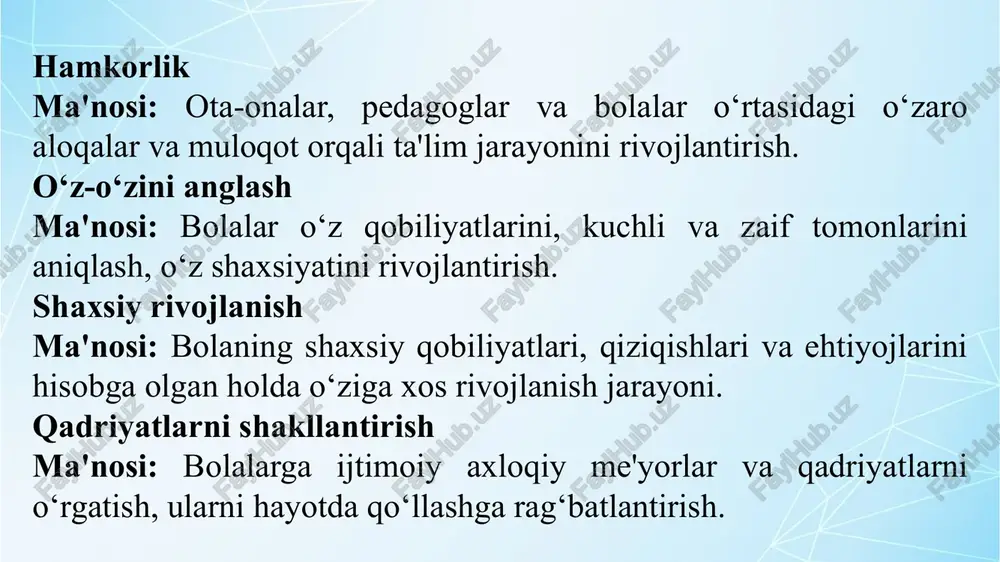 a jarayonining integratsiyasini ta'minlashi kerak. shaxsga yo‘naltirilgan yondashuv asosida rejalashtirishga qanday talablar qo’yilgan? shaxsga yo‘naltirilgan yondashuv asosida rejalashtirishga qo‘yiladigan talablar 1. reja o‘quv va shaxsiy rivojlanishga asoslangan bo‘lishi kerak. yo‘naltirilgan yondashuv, uning maqsadi – har bir bolaning qulay va tabiiy rivojlanishidir. 2.reja ta’lim sohalarini birlashtirishga asoslangan, guruh tarbiyalanuvchilarining yosh imkoniyatlari va boshqa xususiyatlariga muvofiq tuzilishi kerak. 3. reja maktabgacha yoshdagi bolalarning rivojlanishi bilan bevosita bog‘liq bo‘lgan kompetensiyalarni (bilim, ko‘nikma) shakllantiradigan, tarbiyalanuvchilarning ta’lim maqsadlari va vazifalarini amalga oshirishni rivojlantiradigan, ta’lim va tarbiya maqsadlarini birligini ta’minlaydigan bo‘lishi kerak. 4. bolalar bilan tashkil etiladigan ta’lim jarayonini rejalashtirishda maktabgacha yoshdagi bolalar pedagogikasi psixologik-pedagogik asoslariga mos kelishi kerak har bir yosh guruh uchun alohida reja tuziladi. turli yosh guruhlari rejalaridagi asosiy farq nimada? har bir yosh guruh uchun alohida reja tuziladi. turli yosh guruhlari rejalaridagi asosiy farq – dastur materialining mazmunida, ish olib borish usullarida (ta’ lim faoliyatining soni va davomiyligi, ta’lim usullari va boshqalar). …