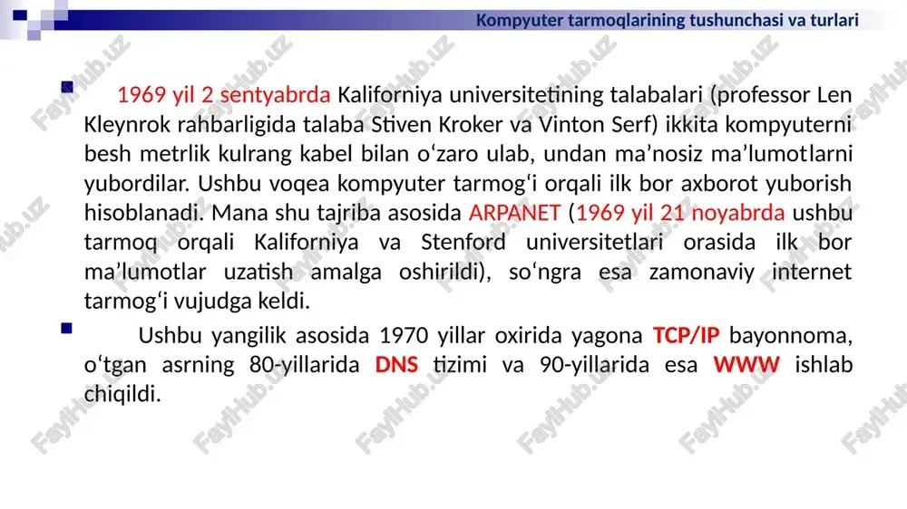) o‘tkazish qobiliyati, yaʼni maʼlumotlarni tarmoqqa uzatish tezligiga muvofiq: n- past (100 kbit/s gacha); n- o‘rta (0,5-10 mbit/s gacha); - yuqori(10 mbit/s dan ortiq). tarmoq tushunchasi va uning turlari kompyuter tarmoqlarining tushunchasi va turlari axborot muhitida tezlik tushunchasi, birliklari va axborot kanallari sig‘imi maʼlum vaqt oralig‘ida aloqa muhitlari orqali uzatiladigan axborot hajmi - uning uzatilish tezligini belgilaydi. axborot kanallarining sig‘imi ular orqali maʼlum vaqt oralig‘ida uzatiladigan axborot hajmi bilan belgilanadi. bu o‘z navbatida axborot kanallarining o‘tkazish qobiliyatini anglatadi. naxborotni uzatish tezligi birliklari: ¨bit/sekund – bir soniyada aloqa muhiti orqali uzatiladigan bitlar soni; ¨kbit/sekund – bir soniyada aloqa muhiti orqali uzatiladigan minglab yaxlitlangan bitlar soni; ¨mbit/sekund – bir soniyada aloqa muhiti orqali uzatiladigan millionlab yaxlitlangan bitlar soni; ¨gbit/sekund – bir soniyada aloqa muhiti orqali uzatiladigan milliardlab yaxlitlangan bitlar soni. kompyuter tarmoqlarining tushunchasi va turlari 2) kompyuter tarmoqlarining geografik joylashishi, masshtabi hamda hajmiga muvofiq: -lan ( local-area network) lokal tarmoq (bir ofis, …