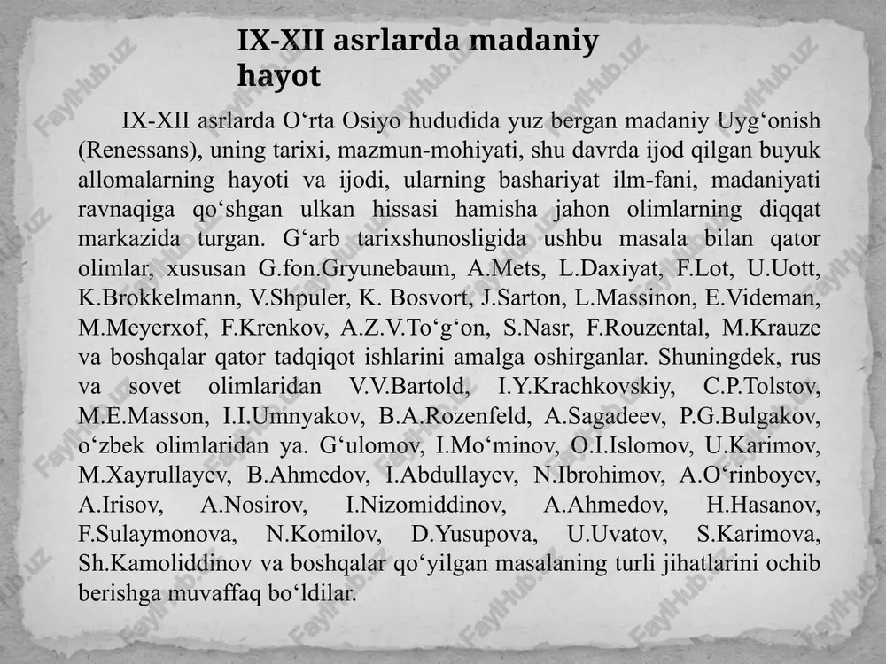 tariqa xalifalik poytaxti bag‘dodda “bayt ul-hikma” (“donishmandlar uyi”) - “xalifa ma’mun akademiyasi” tashkil topdi. ilm markazida nemis tadqiqotchisi h.zuter ta’kidlaganidek, olimlarning aksariyati xuroson, movarounnahr, baqtriya, farg‘onadan bo‘lgan. ix-xii asrlar o‘rta osiyo xalqlari tarixida moddiy va ma’naviy hayotning rivojlanishida oldingi davrlarga nisbatan keskin yuksalish davri bo‘ldi. viii asrda arab xalifaligi hozirda o‘rta osiyo deb atalmish hududni fath etib bo‘lgan, bosib olinganyerlarda islom dini keng yoyilib, ijtimoiy-iqtisodiy va ma’naviy hayot arab xalifaligi tartib-qoidalariga butunlay bo‘ysundirilgan edi. xalifalik tarkibiga kiritilgan o‘lkalarda faqat islom dinigina emas, balki arab tili va uning imlosi ham joriy etildi. chunki, arab tili xalifalikning davlat tili bo‘lsa, islom dini uning mafkurasi edi. shu sababli bu mamlakatlarda arab tilini o‘zlashtirishga intilish kuchli bo‘lgan. islomni qabul qilgan aholining arab tili bilan muloqoti, ibodat vaqtlarida qur’on suralarini tilovat qilishdan iborat bo‘lgan bo‘lsa, mahalliy zodagonlar arab tilini xalifalik ma’murlari bilan yaqinlashish va mamlakatda o‘z siyosiy mavqelarini tiklab uni mustahkamlashning garovi deb hisoblaydilar. arab …