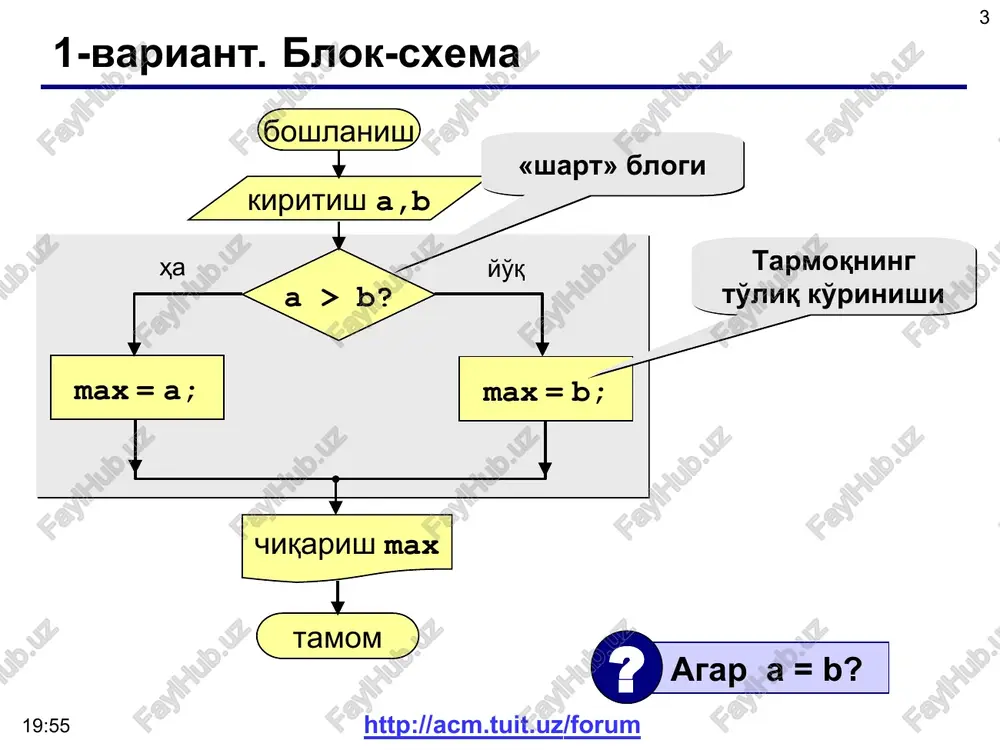 -, 6)  (10,) (-, ) (6, ) x 10 x 6 1 1 * * * topshiriq "4": oy tartib raqamini kiriting va fasllar nomini chiqazing(aniqlang). misol: oy tartib raqamini kiriting: 4 baxor "5": kishi yoshini kiriting (1 yoshdan 150 yoshgacha) va uni quyidagi so'zlar bilan chiqazing “yil", “yoshda" yoki “yosh". misol: yoshini kiriting: yoshini kiriting : 24 57 siz 24 yoshdasiz siz 57 yoshsiz http://acm.tuit.uz/forum * *
