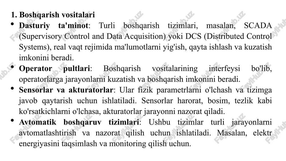 bu muayyan jarayonlarni avtomatik ravishda boshqarish va nazorat qilish uchun mo'ljallangan tizimlardir. ular elektr jihozlarining ishlashini optimallashtirish, energiya samaradorligini oshirish, xavfsizlikni ta'minlash va inson omilini kamaytirish maqsadida yaratiladi. bunday tizimlar odatda quyidagilarni o'z ichiga oladi: sensorlar: har xil fizik parametrlarni, masalan, temperatura, bosim, oqim va boshqa ko'rsatkichlarni o'lchaydigan qurilmalar. kontrollerlar: sensorlardan olingan ma'lumotlarni qayta ishlaydigan va elektr jihozlarini boshqarish uchun buyruqlar beradigan qurilmalar. ijro etuvchi mexanizmlar: kontrollerlardan kelgan buyruqlarga asoslanib ish bajaradigan mexanizmlar, masalan, motorlar, valflar va boshqa qurilmalar. kompyuter tizimlari: ma'lumotlarni yig'ish, saqlash va tahlil qilish, shuningdek, tizimni boshqarish uchun dasturiy ta'minot va interfeyslarni o'z ichiga oladi. bunday tizimlar ko'plab sohalarda, masalan, sanoat, qurilish, energiya va transportda qo'llaniladi. 2. boshqarish elektr jihozlarining ekspluatatsiyasi "boshqarish elektr jihozlarining ekspluatatsiyasi" atamasi asosan elektr energiyasini boshqarish va taqsimlashga xizmat qiladigan elektr qurilmalari va tizimlarining samarali, xavfsiz va ishonchli ishlashini ta'minlash jarayonini anglatadi. bu jarayon bir qator texnik tadbirlarni o'z ichiga oladi, jumladan: texnik …