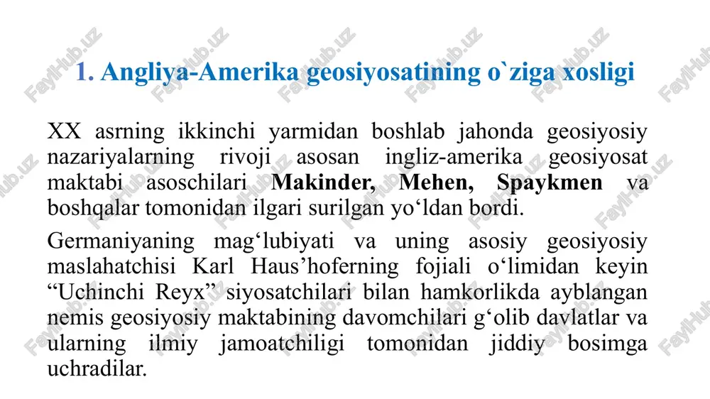 eliga jiddiy o‘zgartirishlar kiritgan makinder “hartland”ning chegarasini shimoliy atlantikaga qadar “kengaytirdi”, hatto ularni “birlashtirdi”. heartland (yuragi, yerning yuragi) - yevrosiyoning massiv shimoli-sharqiy qismi, janub va sharqda tog' tizimlari bilan chegaralangan, ammo uning chegaralari turli tadqiqotchilar tomonidan turlicha belgilanadi. heartland geosiyosiy kontseptsiyaning asosiy kontseptsiyasi bo'lib, birinchi marta 1904 yil 25 yanvarda britaniyalik geograf va oksford universiteti professori xelford j. makkinder qirollik geografik jamiyatiga bergan ma'ruzasida taklif qilgan va keyinchalik mashhur "tarixning geografik o'chog'i" maqolasida e'lon qilingan. bu kontseptsiya klassik g'arb geopolitikasi va geostrategiyasining rivojlanishi uchun boshlang'ich nuqta bo'ldi. makinder karib dengizi havzasidagi davlatlar bilan ittifoqda “ingliz-amerika rahnamoligi” haqidagi yangi geostrategik modelni qa’iyat bilan asoslashga urindi. 1945 yilda aqsh tadqiqotchisi s.hantington “sivilizatsiyaning asosiy harakatlantiruvchi kuchlari” asarini chop ettirdi. 1944 yilda, so‘ngra 1949 yilda “jahon kompasi” va “jahonning yangi kompasi” to‘plamlari nashr qilindi. bu to‘plamlarning yetakchi mualliflari kelajakda aqsh bilan sssr o‘rtasida urush chiqishi muqarrar ekanini isbotlashga urindilar. bu asarlarda “tajovuzkorlik rossiya, keyin …