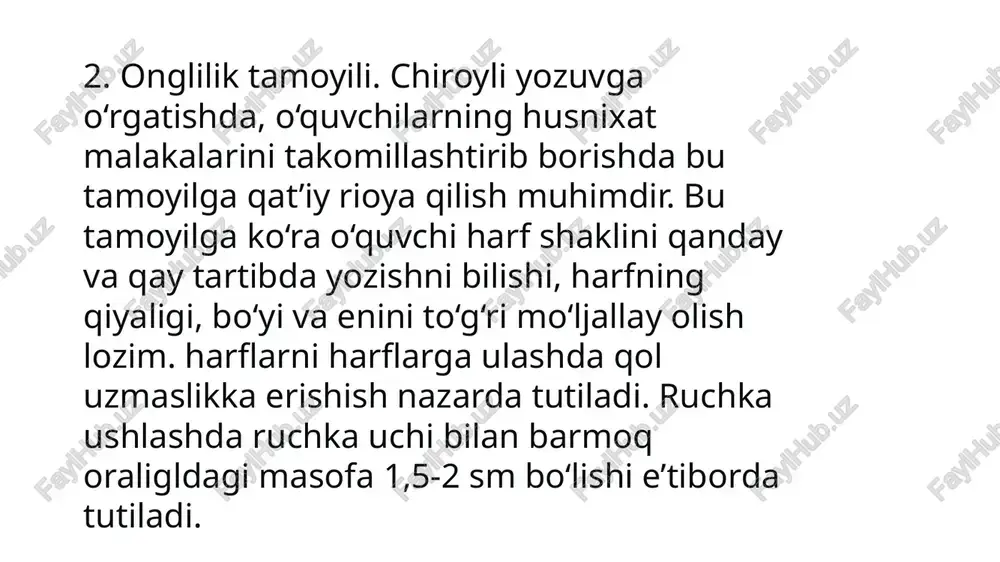 hiradi. o‘quvchilarning yozuv tezliklarini kuzatish, kamchiliklarini hisobga olish, yutuqlarini ko‘pchilikka namuna qilib ko‘rsatish ham bu tamoyilning asosiy shartlaridan sanaladi. 7. dastur talablari yozuvga o‘rgatishni o‘qishga o‘rgatish bilan bir paytda amalga oshirishni nazarda tutadi. savod o‘rgatishning dastlabki bosqichida o‘qish va yozuv bog‘lab olib boriladi. bu usul k.d.ushinskiy tomondan qo‘llangan bolib, hozirga davr foydalanib kelinmoqda. o‘quvchi yaxshi o‘qish sifatlari (togri, ongli, tez va ifodali o‘qish)ni egallash bilan bir paytda yozuvga ham o‘rgatilib boriladi. negaki yozish va o‘qish bolaning nutqiy rivojlanishi (lug‘at boyligi, gap tuzish ko‘nikmasi, nutqning mantiqiy boglanishi)ni ta’minlaydi. yomon o‘qigan bola yozuvni egallashi qiyin bo‘ladi, chunki bo‘g‘inlab o‘qish malakasidan so‘ng, bo‘g‘inlab yozish malakasi shakllanadi. 8. chiroyli yozuv imlo bilan chambarchas bogliq. o‘quvchining imloviy savodxonligi haqida g‘amxo‘rlik qilish tilning aniqligi, fikrni to‘g‘ri ifodalash, kishilar bilan o‘zaro xatosiz muomala uchun g‘amxo‘rlik demakdir. shu sababli ham savod o‘rgatish davrida bolalarda grafik malakalarni shakllantirish bilan birga imloga oid malakalarning shakllanishiga zamin yaratiladi. malumki, savod o‘rgatish …