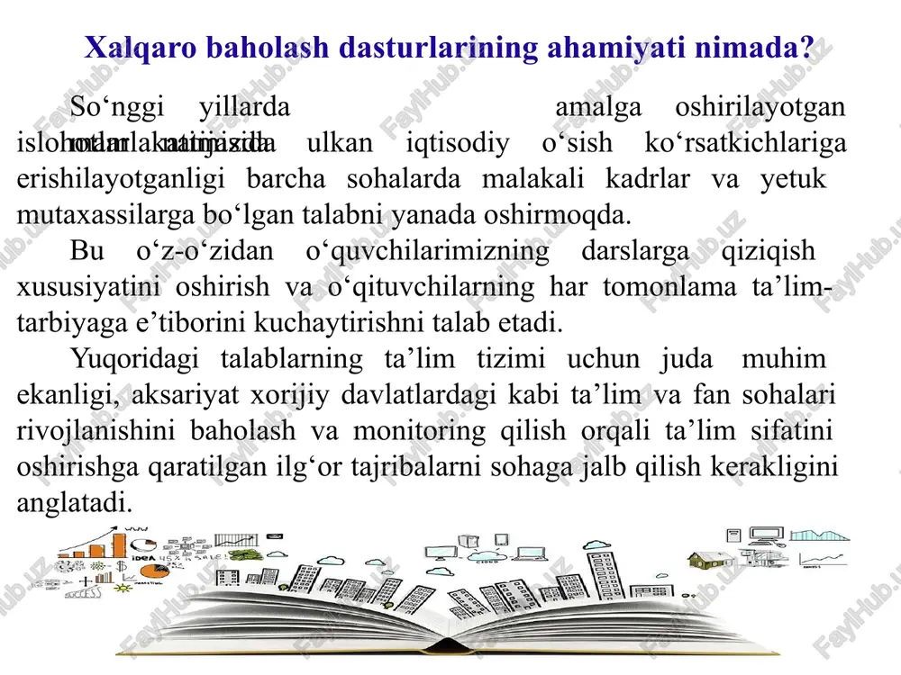tematik savodxonlik, tabiiy-ilmiy savodxonlik) yo‘nalish bo‘yicha ishtiroki etishi ko‘zda tutilmoqda. programme for international student assesment xalqaro baholash dasturi pisa tadqiqotni quyidagi vositalar yordamida amalga oshiradi: o‘quv topshiriqlaridan iborat test to‘plami. o‘quvchilar uchun o‘zi tahsil olayotgan ta’lim muassasasi haqida anketa savollari. maktab rahbarlari uchun o‘zi pedagogik faoliyat yuritayotgan ta’lim muassasasi haqida anketa savollari. test va anketa savollarini o‘tkazayotgan rahbar uchun anketa savollari. ta’limni boshqarish organlari xodimlari uchun anketa savollari. test topshiriqlarini tayyorlash va olingan natijalarni matematik 2 3 statistik tahlil qilish yuzasidan ko‘rsatmalar. pisa ning davriyligi 3 (19) yil 3) 2006 6) 2015 9) 2024 o’qish savodxonligi matematik savodxonlik tabiiy-ilmiy savodxonl k o’qish savodxonligi matematik savodxonlik tabiiy-ilmiy savodxonlik o’qish savodxonligi matematik savodxonlik tabiiy-ilmiy savodxonlik ishtirokchi davlatlar soni 43 ta 57 ta 74 ta 65 ta 2000 yil 32 ta 2009 yil 2006 yil 2003 yil 72 ta pisa testlarida ishtirok etayotgan davlatlar soni tobora ortib bormoqda. 2015 yil 2012 yil 2018 …