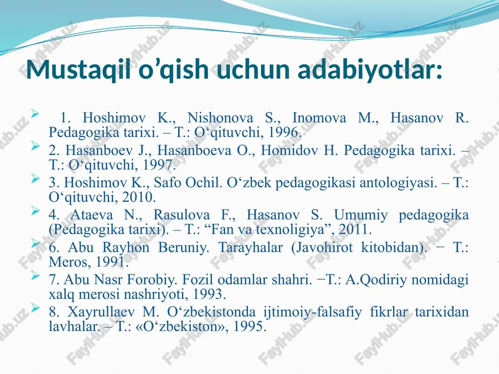aqidagi qarashlari abu ali ibn sino (980-1037) asarlari: «tadbir al-manozil», «tib qonunlari» «axloq haqida risola», «burch haqida risola», «al-konun», «ishq hakida risola», «xay ibn-yakzon», «donishnoma» va boshqalar. ta’lim-tarbiyaga doir qarashlari: ibn sinoning fikricha insonlar xulq-atvorida birmuncha nuqsonlar bor. bular: aldash, rashk, o’ch olish, adovat, bo’xton, irodasizlik kabilardir. ibn sino bilim olishda bolalarni jamoa bo’lib maktabda o’qitish zarurligini ko’rsatadi va ta’limda quyidagilarga rioya etish zarurligini ta’kidlaydi: 1) bolaga bilim berishda birdaniga kitobga band qilib qo’ymaslik; 2) ta’limda yengildan qiyinga borish orqali bilim berish; 3) olib boriladigan mashqlar bolalar yoshiga mos bo’lishi; 4) o’qitishda jamoa bo’lib maktabda o’qitishga e’tibor berish; 5) bilim berishda bolalarning mayli, qiziqishi va qobiliyatini hisobga olish; 6) o’qitishni jismoniy mashqlar bilan qo’shib olib borish. abu ali ibn sinoning tarbiya va ta’lim haqidagi qarashlari mahmud qoshg’ariyning “devonu lug’otit-turk” asarida ta’lim-tarbiya masalalari mahmud qoshg’ariy (x – xi asrlar) maqollar: «odamning olasi ichida – yilqiniki tashqi(sirti)da». «ho’kizning ortin oyog’i bo’lguncha, buzoqning …