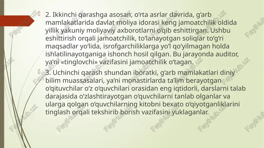 irilgan tizimlashgan jarayondir». ba’zi yevropalik mutaxassislar esa auditni moliyaviy hisobotlardan foydalanuvchilar uchun shu hisobotlarga doir axborot riskini minimallashtirishga yo‘naltirilgan faoliyat deb ta’kidlaydilar. shotlandiya sertifikatlangan buxgalterlar instituti (intitute of certified accountants in scotland) keltirgan ta’rifga ko‘ra esa «audit – boshqaruv tizimining samaradorligi va butligini, moliyaviy hisobotlarning to‘liqligini ta’minlashga yo‘naltirilgan kompleks choratadbirlar majmuyidir». bizning fikrimizcha, «audit – shu sohada faoliyat yuritish huquqiga ega bo‘lgan shaxslar tomonidan korxona moliyaviy axborotining to‘g‘ri va to‘liqligini, ma’lum qonun-qoidalarga asosan tuzilgani yoki ularga mos tushishini tekshirish va natijani manfaatdor tarafga yetkazishga yo‘naltirilgan faoliyatidir». ushbu ta’rifda keltirilgan «moliyaviy axborot» jumlasi, birinchi navbatda, buxgalteriya axborotini anglatadi. yuqorida keltirilgan ta’riflardan kelib chiqib shuni aytish mumkinki, auditorlik faoliyatining asosiy vazifasi moliyaviy axborotning haqqoniy va to‘liqligi yuzasidan fikr bildirishdan iborat. ammo auditorlik faoliyati faqatgina tekshirish va fikr bildirish funksiyalaridan iborat bo‘lmay, auditorlar tomonidan soliq, moliyaviy boshqaruv, axborot texnologiyalari va boshqa bir qator sohalar bo‘yicha qo‘shimcha ravishda kasbga doir xizmatlar ham ko‘rsatiladi. ushbu …