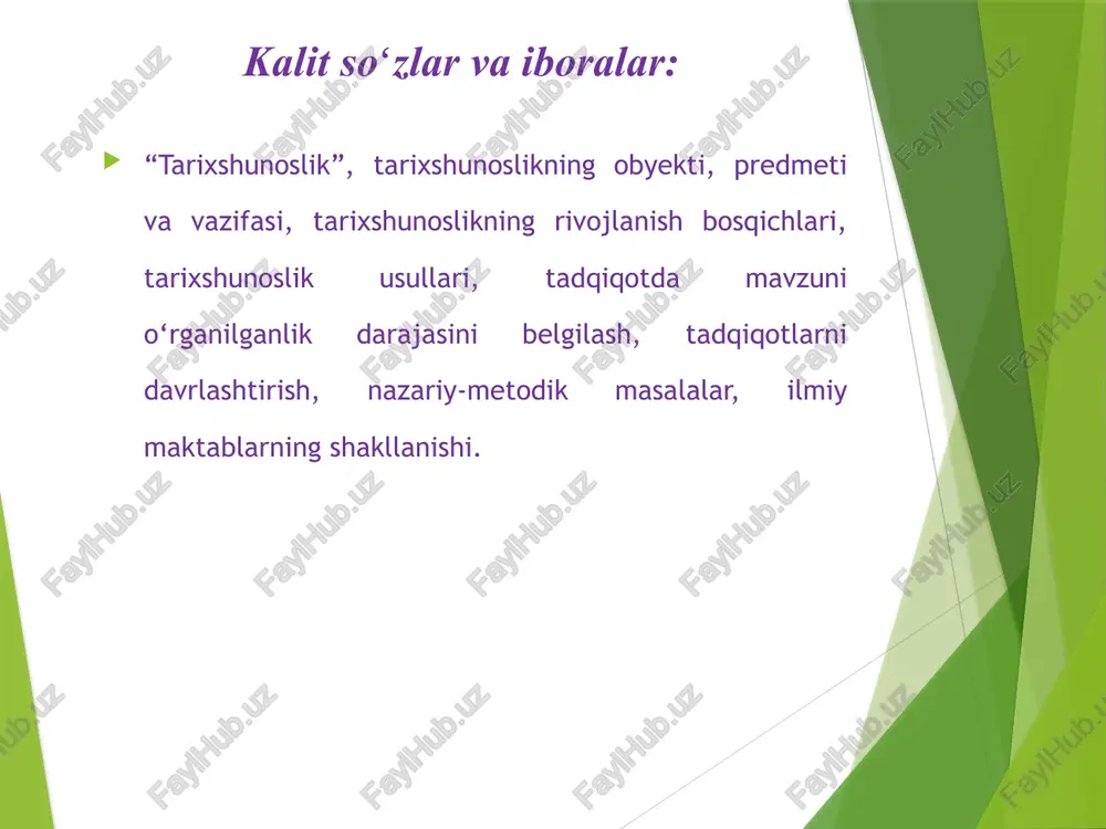 i to‘plash jarayonini tadqiq etish, manbalarni ilmiy muomalaga kiritish; manbalarni tahlil qilish usullarini o'zgartirish va takomillashtirish jarayonini o'rganish; tarixiy tadqiqot muammolarini o‘zgarish qonuniyatlarini tahlil qilish; tarixiy ilmiy muassasalarni, tarixchilarni tayyorlash tizimini o‘rganish; tarixiy bilimlarni tarqatish, ilmiy va ilmiy-ommabop davriy nashrlarning holati; mahalliy tarix fanining xalqaro aloqalarini, falsafa va boshqa mamlakatlar tarixining mahalliy olimlarga ta'sirini o‘rganish; tarix fanining rivojlanish sharoitlarini o‘rganish (ayniqsa, davlat siyosati). tarix fanining tamoyillari haqiqat tamoyili – haqiqat tarixiy bilimning oliy maqsadi va qadriyati sifatida e’tirof etiladi; o‘ziga xoslik tamoyili - tarixiy tadqiqotning har qanday predmeti mazmunining o‘ziga xosligi, rivojlanish joyi va vaqtining aniqligini hisobga olgan holda o‘ziga xosligi bilan o‘rganilishi kerak; tarixiylik ta’limoti - g‘arbiy yevropa tarixiy an’analarida bu tamoyil (nem. historismus) birinchi navbatda tarixda “g‘oyalar” ning alohida rolini ta’kidlaydi. xolislik tamoyili — tarixchi-tadqiqotchi tadqiqot jarayonida obyektivlikka intilishi, subyektiv xatolar va ilmiy haqiqatga erishish bilan bog‘liq bo‘lmagan manfaatlar ta'sirini bartaraf etishi kerak; keng qamrovlilik tamoyili - tarixiy …