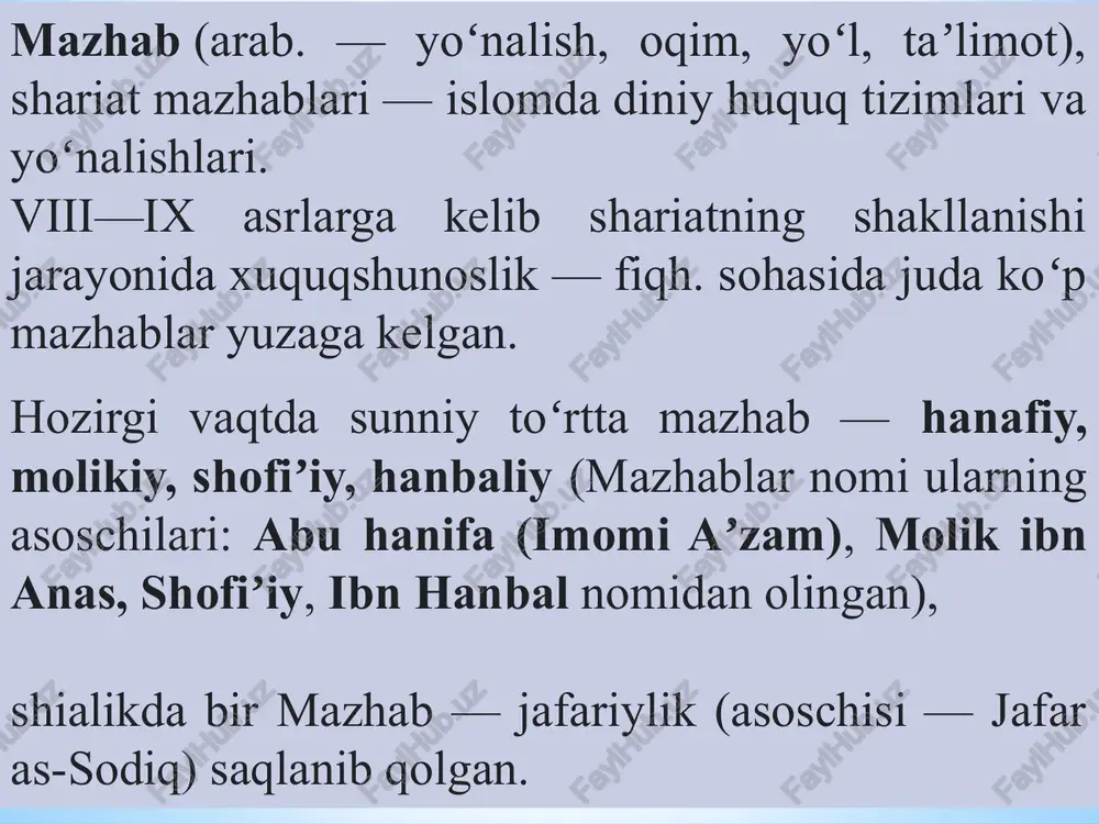 rni tizimli ravishda yechimini topib, hattoki hali sodir bo‘lmagan faraziy masalalarga ham yechim topganlar. shu tariqa kelajak avlodga juda katta fiqhiy meros xazinasini qoldirdilar. imom a’zam abu hanifaning o‘zlariga xos ijtihod yo‘llari mavjud bo‘lib, u kishi buni quyidagicha ta’riflaydilar: “men hukmlarni qur’ondan olaman. agar qur’ondan topa olmasam, rasululloh sollallohu alayhi va sallamning hadislaridan olaman. agar qur’ondan ham, rasulullohning hadislaridan ham topa olmasam, sahobalardan xohlaganimning fatvosini olaman, xohlamaganimni olmayman. keyin ularning so‘zlaridan chiqmayman. ammo tobeinlarga kelsak, masalan, ibrohim an-naxa’iy, sha’biy, hasan, ibn sirin, said ibn musayyablardek, mening ham ularga o‘xshab ijtihod qilishga haqqim bor”. mazhabboshimiz imom a’zam abu hanifa rahmatullohi alayh muhaddislik bobida eng oliy darajalardan bo‘lmish hofizlik maqomiga yetgan zot edilar. hofiz yuz ming hadisni matn va isnodi bilan yoddan bilgan shaxsdir (“al-yavoqit vad durar” kitobidan). imom zahabiy ham imom a’zam abu hanifani hofizlar tabaqasida zikr qilganlar. imom abu hanifa rahmatullohi alayh “musnad” kitobini yozganlar. bosh­qa faqihlardan ko‘ra abu hanifadan …