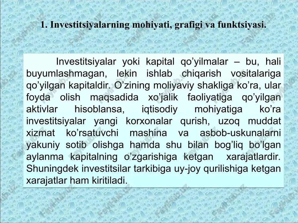 ijara narxi zaxiralarga investitsiyalar zahiralarga investitsiyalar, ya’ni firmalar zahirada saqlaydigan tovarlar, bir vaqtning o'zida ham arzimas va ham katta ahamiyatga egadir. bu yalpi ichki mahsulotning qariyb 1 foiziga to’g’ri keluvchi xarajatlarning eng kichik tarkibiy qismlaridan biri hisoblanadi. biroq uning yuqori o’zgaruvchanligi iqtisodiy tebranishlarni o'rganishda markaziy ahamiyat kasb etadi. inqirozlar paytida firmalar tovarlarini sotib, zahiraizatsiya to'ldirishni to'xtatadi va zahira investitsiya salbiy holatda bo'ladi. odatda inqiroz paytida, xarajatlar kamayishining yarmidan ko'pi zahira investitsiya hisobiga to’g’ri keladi. investitsiya talabining egri chizig'i yd investitsiya omillari: 1. sof foydaning kutilaetgan me'eri 2. real foiz stavkasi id c avtonom va ra�batlangan investitsiyalar avtonom investitsiyalar funktsiyasi = i =e - dr rag'batlangan investitsiyalar funktsiyasi = i* =e – dr + y i =e - dr i r = i* =e – dr + y yd i tovar bozoridagi makroiqtisodiy muvozanatning shartlari keyns kesishmasi muvozanat nuqtasida y = c + i + g (+ xn) e = y …