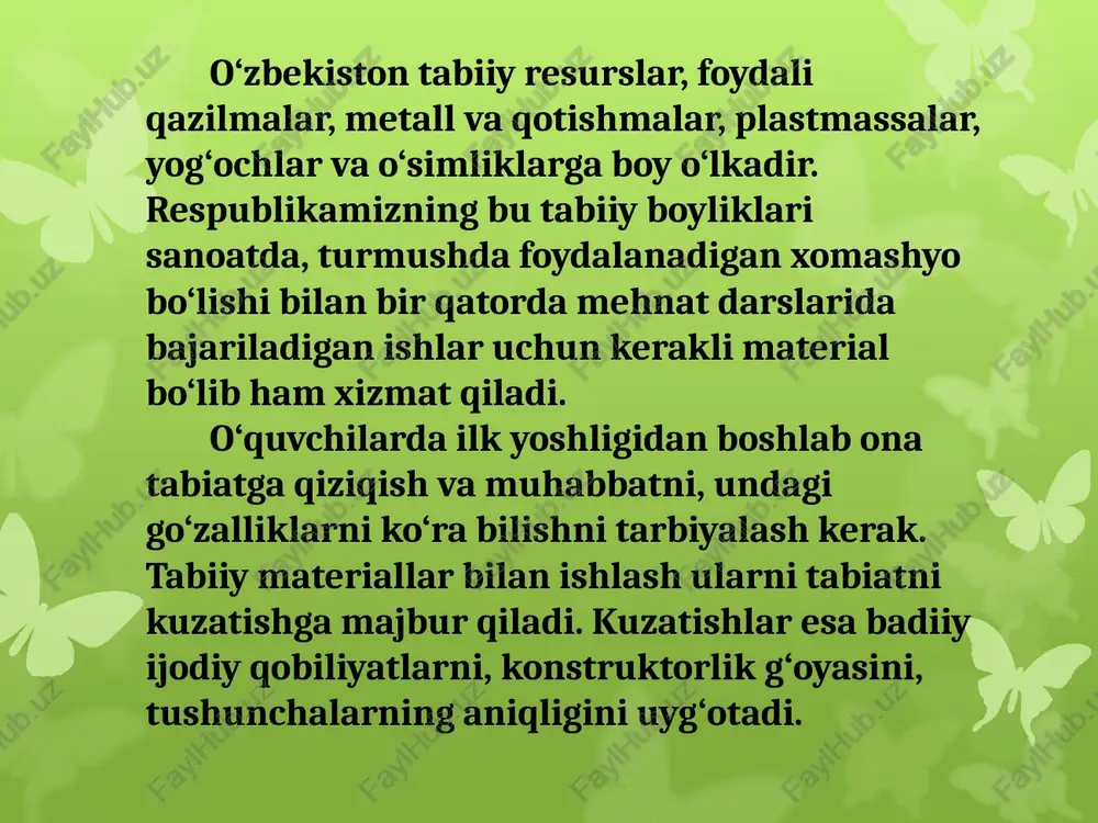 ikkita to‘rsimon ramka o‘rtasiga qo‘yilib, ochiq havoga qo‘yiladi. agarda havo harorati kechqurun va kechasi juda pasayadigan bo‘lsa, o‘simlik issiq va quruq joyga olib quritiladi. pressda quritish. orasiga o‘simlik solingan qog‘ozlar gerbariy papkasi o‘rniga ikkita faner listlar o‘rtasiga joylanib, og‘ir narsa bostirib qo‘yiladi. og‘irlik pressga qancha o‘simlik joylashtirilganligiga bog‘liq bo‘ladi. mayda nozik o‘simliklar kam og‘irlikni va quritish uchun kamroq vaqtni talab qiladi. 2-3 soatdan so‘ng qog‘oz almashtiriladi. quritish shu usulda davom ettiriladi. issiq dazmol bilan odatda barglar, poyalar, maysalar quritiladi. qavat-qavat gazeta yoki yumshoq qog‘oz orasiga o‘simlikni qo‘yib, ustidan dazmol yurgiziladi. so‘ngra ustki qavatidagi gazetani olib, quritilayotgan o‘simlik shamollatiladi va quruq joyga suriladi, so‘ngra gazeta yopib yana dazmollandi. o‘simlik 2-3 minutda quriydi va u o‘zining tabiiy rangini yo‘qotmaydi. agarda quritilgan o‘simlik ko‘tarilganda o‘zining tanasini ushlab tursa, u yaxshi quritilgan hisoblanadi. agar u sinib maydalanib ketsa, demak, u ortiqcha quritib yuborilgan hisoblanadi. issiq dazmol bilan quritish. barglar. barglar o‘yinchoqlarni yasashda qiziqarli va …