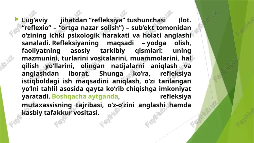 biy-shaxsiy hamda shaxsiy-sub’ektiv sub’ektiv yo‘nalishi) ko‘p holatlarda kasbiy refleksiya o‘z-o‘zini tahlil sifatida qo‘llaniladi. zamonaviy pedagogikada esa refleksiya faoliyat va uning natijalarini tahlil qilish ekanligiga e’tibor qaratiladi. shunga ko‘ra refleksiya jarayonida muayyan xulosaga kelish, umumlashtirish, muqobillarini topish, taqqoslash va baholash; qayg‘urish, yodga olish; muammoni hal qilish ko‘zga tashlanadi. i.n. semenovning fikriga ko‘ra, refleksiya – tajriba stereotiplari, innovatsion faoliyatga kirishishdagi ichki sharoitlar (yangi g‘oyalarning tug‘ilishi, yangi tajribaning orttirilishida ko‘zga tashlanadigan holatlar)ning o‘zgarish jarayoni sanaladi. e’tiboringiz uchun rahmat. image1.gif image2.gif image3.gif /docprops/thumbnail.jpeg 8 maruza. mave: og refleksiyaning a vasialart