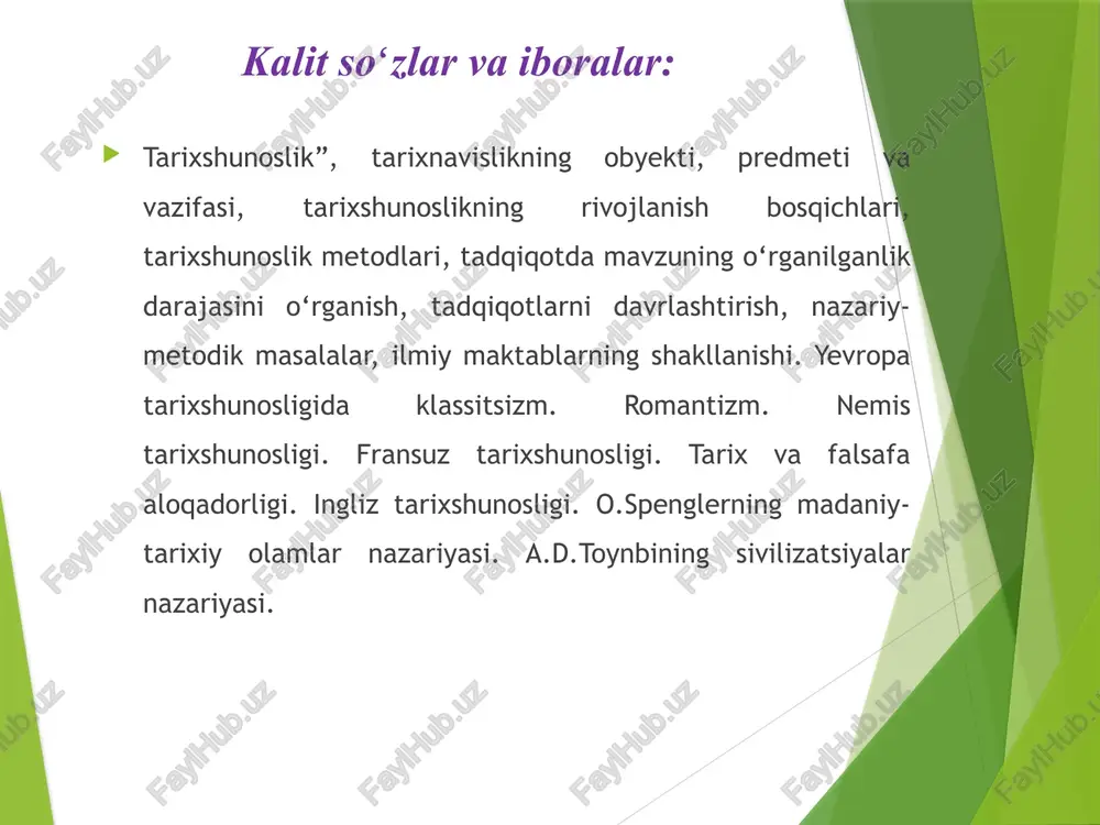 .) tarix fanidagi turli yo‘nalishlarning nazariy va uslubiy tamoyillarini tahlil qilish, ularning o‘zgarishi va kurashi qonuniyatlarini oydinlashtirish; insoniyat jamiyati haqidagi daliliy bilimlarni to‘plash jarayonini tadqiq etish, manbalarni ilmiy muomalaga kiritish; manbalarni tahlil qilish usullarini o'zgartirish va takomillashtirish jarayonini o'rganish; tarixiy tadqiqot muammolarini o‘zgarish qonuniyatlarini tahlil qilish; tarixiy ilmiy muassasalarni, tarixchilarni tayyorlash tizimini o‘rganish; tarixiy bilimlarni tarqatish, ilmiy va ilmiy-ommabop davriy nashrlarning holati; mahalliy tarix fanining xalqaro aloqalarini, falsafa va boshqa mamlakatlar tarixining mahalliy olimlarga ta'sirini o‘rganish; tarix fanining rivojlanish sharoitlarini o‘rganish (ayniqsa, davlat siyosati). tarix fanining tamoyillari haqiqat tamoyili – haqiqat tarixiy bilimning oliy maqsadi va qadriyati sifatida e’tirof etiladi; o‘ziga xoslik tamoyili - tarixiy tadqiqotning har qanday predmeti mazmunining o‘ziga xosligi, rivojlanish joyi va vaqtining aniqligini hisobga olgan holda o‘ziga xosligi bilan o‘rganilishi kerak; tarixiylik ta’limoti - g‘arbiy yevropa tarixiy an’analarida bu tamoyil (nem. historismus) birinchi navbatda tarixda “g‘oyalar” ning alohida rolini ta’kidlaydi. xolislik tamoyili — tarixchi-tadqiqotchi tadqiqot jarayonida …