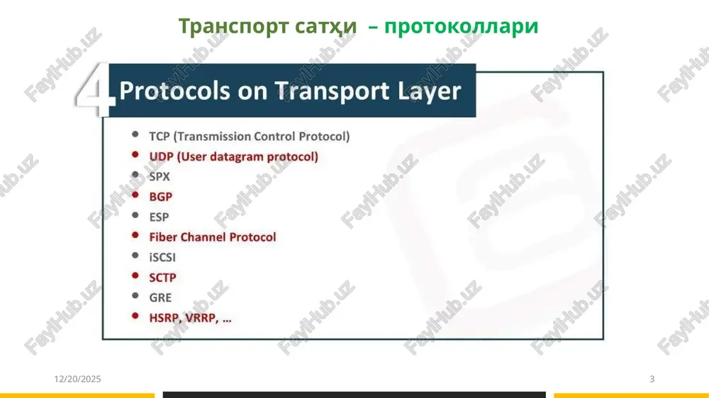 n emas. yashirin tasdiqlash 4 ravon uzatishlar oynasini tasdiqlash yondashuvi har bir to'plam uchun tasdiqlash tushunchasini kengaytiradi. ravon uzatishlarni tasdiqlash 3 transport qatlami ma'lumotlarni bir nechta paketlarga ajratishi mumkin, kichik ma'lumotlar bloklarini kattaroq paketlarga. paketlarga buyurtma berish 5 ulanishni boshqarish 1 ‹#› umumiy xavflar transport layer hijacking bir nechta portlarga qarshi bitta port statik va dinamik port topshiriqlari portni skanerlash nostandart portlar no reply defense always reply defense knock-knock protocols skanerni faol aniqlash qasddan kechiktirish ‹#› photo by scott grahamon unsplash 9 axborotning tarqalishi transport qatlami protokollari uzatilayotgan ma'lumotlarni shifrlamaydi. umumiy fizik, taqdimot sathi va tarmoq protokollari bilan birlashganda, birinchi to'rtta osi qatlamlari ma'lumotlarni himoya qilishni individual protokollarga qoldiradi; xavfsizlikni ta'minlaydigan qatlamlarga xos hech narsa yo'q. paket trafigini kuzatishi mumkin bo'lgan tarmoqdagi kuzatuvchi transport protokoli tarkibini ko'rishi mumkin. umuman olganda, sessiya, taqdimot yoki dastur qatlamlari autentifikatsiya va shifrlashni ta'minlaydi. xulosa osi transport qatlami past darajadagi tarmoq marshrutizatsiyasi va yuqori darajadagi …