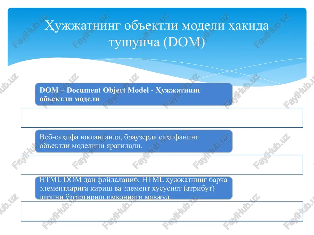 faga yozish remove() html elementni olib tashlash (eski brauzerlarda ishlamaydi) hujjatning ob'ektli modeli bilan ishlash funktsiya va xususiyatlari document.getelementbyid("demo").innerhtml = "hello world!"; usul xususiyat hujjatning ob'ektli modelida html ob'ektlari bilan ishlash document.write(date()); javascript can change html hello world! document.getelementbyid("p1").innerhtml = "new text!"; the paragraph above was changed by a script. document.getelementbyid(id).innerhtml = new html hujjatning ob'ektli modelida css xususiyatlari bilan ishlash my heading 1 click me! hello world! hello world! document.getelementbyid("p2").style.color = "blue"; document.getelementbyid("p2").style.fontfamily = "arial"; document.getelementbyid("p2").style.fontsize = "larger"; the paragraph above was changed by a script. document.getelementbyid(id).style.property = new style document.createelement(element), document.appendchild(element) this is a paragraph. this is another paragraph. var para = document.createelement("p"); var node = document.createtextnode("this is new."); para.appendchild(node); var element = document.getelementbyid("div1"); element.appendchild(para); insertbefore() this is a paragraph. this is another paragraph. var parag = document.createelement("p"); var node = document.createtextnode("this is new paragraph."); parag.appendchild(node); var element = document.getelementbyid("div1"); var child = document.getelementbyid("p1"); element.insertbefore(parag, child); document.removechild(element) this …