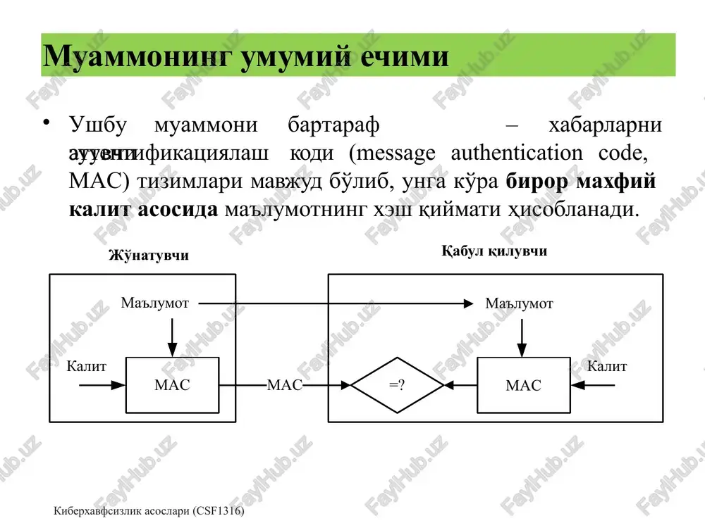 ini (rad etmasligini) kafolatlaydi. mas tizimlarida xesh qiymatni qayta hisoblay olmaslik uchun, matnga kalit biriktirilgan bo'lsa, eri tizimlarida ma'lumotning xesh qiymati shaxsiy kaliti bilan “shifrlash” lanadi va eri hosil qilinadi. xabarni “deshifrlash” uchun (imzoni tekshirish uchun) esa tomonning ochiq kalitini bilishning o'zi etarli. eri erini shakllantirish jarayoni: xabar 𝑀𝑀 ning xesh qiymati hisoblanadi: 𝐻𝐻 = ℎ 𝑀𝑀 ; xesh qiymati 𝐻𝐻 foydalanuvchining shaxsiy kaliti bilan “shifrlanadi” (bu haqiqiy shifrlash emas, shunchaki shaxsiy kalit bilan 𝐻𝐻 ustiga biror amal bajarishdan iborat) va imzo 𝑆𝑆 = [𝐻𝐻]𝐴𝐴 hosil qilinadi; hosil qilingan imzo ma'lumotga biriktirilib {𝑀𝑀, 𝑆𝑆} qabul qiluvchiga uzatiladi. erini tekshirish jarayoni: 𝐵𝐵 tomondan 𝑀𝑀′ xabarga qo'yilgan imzo 𝑆𝑆 ni tekshirish talab etilsin; uchun 𝐵𝐵 tomon dastlab xabar 𝑀𝑀′ ni xesh qiymatini hisoblaydi: 𝐻𝐻′ = ℎ 𝑀𝑀′ ; 𝑀𝑀 tomonning ochiq kaliti bilan 𝑆𝑆 ni “deshifrlaydi” (bu haqiqiy deshifrlash emas, shunchaki ochiq kalit bilan 𝑆𝑆 ustiga biror amal bajargan holda 𝐻𝐻 tiklash) …