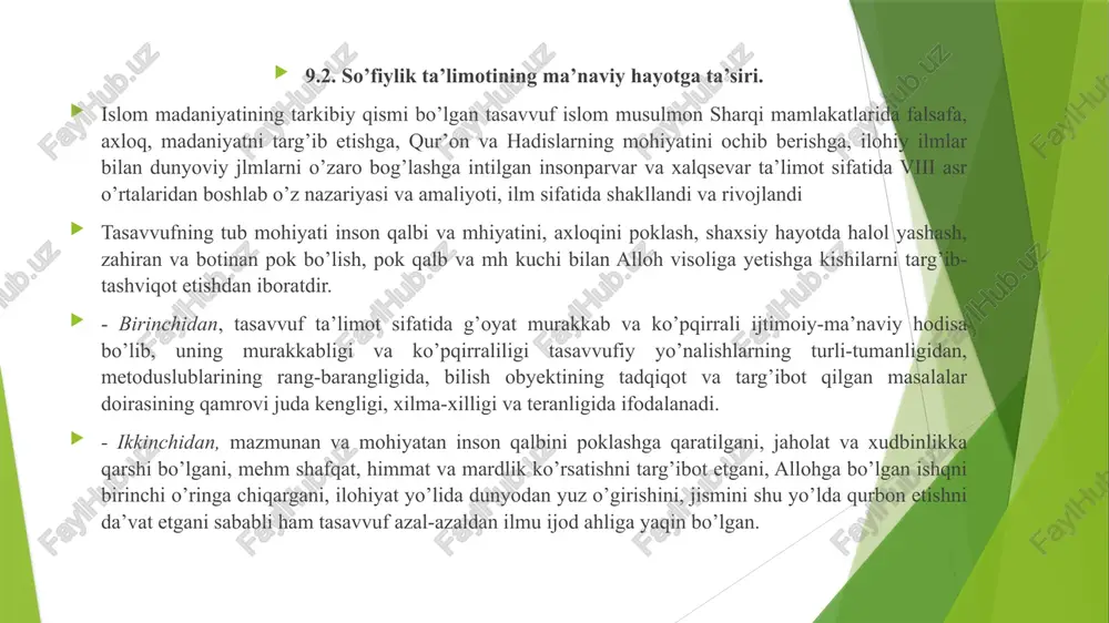i: 1) tasavvuf - tajriba orqali his qilib, yashab, anglashiladigan xos ilmdir; 2) tasavvuf amalda qo’llanadigan bir ilm bo’lgandan murshid yoki shayx (ustoz) huzurida va uning tarbiyasi ostida o‘rganiladi; 3) tasavvuf ilmining mavzusi ma’rifotullohdir; 4) tasavvuf- sirlarini o‘rgangan murshid yoki shayx (ustoz) hazrati payg‘ambarimizga ulanib, uzilib qolmagan bir silsilaga sohib bo’lish kerakdir; 5) tasavvuf kitobiy bir ilm emas, ya’ni biror kishi tasavvufga doir yozilgan kitoblarini o‘qib, (pir va uning ko‘rsatmasini bajarmasdan), shayx va sufiy bo‘la olmaydi; 6) tasavvuf movaro’l alq (aqldan ustun) bir ilmdir; 7) tasavvuf ko‘z bilan ko‘radigan bu shahodat va nosud (biz ko‘rmaydigan) olamdan tashqari ham har zamon g‘arb bahs etadi; 8) tasavvufga tariqat deb atalgan va allohga yetkazadigan o‘ziga xos yo‘llar kiradi 2. tasavvuf g‘oyalarining harakat sifatida ta’riflanishi: ≪tasavvuf haqiqatlarni qabul etmoq, insonlarning qo’llaridagi narsalarga ko‘ngil bog‘lamaslikdir≫ (ma’mf karhiy); ≪tasavvuf go‘zal axloqdir≫ (sirri saqatiy); ≪tasavvuf amr va nahy ostida sabr qiimoqdir≫ (abu amr ismoil ibn junaid); ≪tasavvuf …