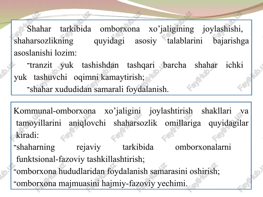 shish transporti elementlari bilan birgalikda shakllantirish; transport-yuk hududlarini tashqi transport ob’ektlari va inshootlari bilan birgalikda bitta majmuada shakllantirish. tashqi aloqalarning transport-kommunikatsiyasi tizimida kommunal-omborxona hududlarini iste’molchi bilan eng qisqa yo’llar bilan bog’lash samarali usuldir. bu shartlarni bajarish shahar ichida yuk-transport oqimining kamayishiga, shahar atmosferasidagi zaharli gazlarning kamayishiga, qurilish va ekspluatatsiyaga sarflanadigan xarajatning kamayishiga olib keladi. kommunal-omborxona hududlari uchun ajratiladigan maydonlar yirik va juda yirik shaharlarda ko’p qavatli omborxonalar qurilishini hisobga olgan holda har bir shahar axolisiga 2 kv.m. va boshqa shahar turar-joylarida 2.5 kv.m. ni tashkil etadi. 9.2.shaharning ko’kalamzor hududlari odatda shahar landshafti deb butun shaharni emas, balki faqat ochiq, qurilishlardan holi hudud – bog’ va parklar, xiyobonlar va bulvarlar, ko’cha va yo’llar, daryo va ko’llar, turar-joy qurilmalari hovlilari va jamoat binolari uchastkalari, sanoat muassasalarining ko’kalamzorlashtirilgan hududlari va boshqa hududlar aytiladi. bundan tashqari, shahar hayotining ajralmas qismi sifatida shahar atrofidagi hududlarni – qishloq-xo’jalik yerlari, o’rmon parklar, dam olish hududlari, lagerlar va …
