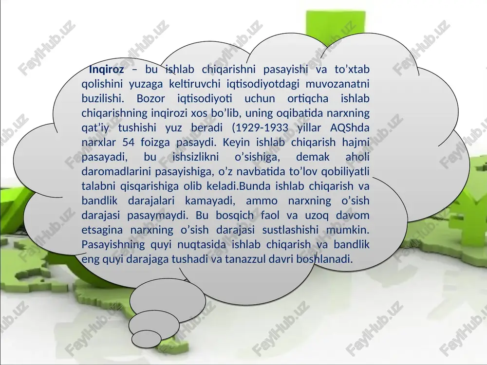 «sanoat tsikli», «o’rtacha tsikl» va «katta tsikl» kabi nomlar bilan ham ataladi. oldingi davrlarda iqtisodiy fan 7-12 yillik tsikllarni ajratib ko’rsatganligi tufayli, aynan shu tsikl frantsiya, angliya va aqshda foiz stavkalari va narxdagi tebranishlarni asosiy tahlil qilish asosida sanoat tsiklining tabiatini o’rganishga katta hissa qo’shgan klement juglar (1819-1905 yy.) nomi bilan ataladi. sikl turlari siklning davomiyligi asosiy xususiyatlari kitchin sikli 2–4 yil zaxiralar miqdori  yamm, inflyatsiya, bandlikning tebranishi, tijorat sikllari juglar sikli 7–12 yil investitsion sikl  yamm, inflyatsiya va bandlikning tebranishi kuznes sikli 16-25 yil daromad  immigratsiya  uy-joy qurilishi  yalpi talab  daromad kondratev sikli 40-60 yil texnika taraqqiyoti, tarkibiy o’zgarishlar forrester sikli 200 yil energiya va materiallar toffler sikli 1000-2000 yil sivilizatsiyalarning rivojlanishi 4. iqtisodiy davrlarning ta’siri iqtisodiy tsikl barcha tomonlari bilan namoyon bo’lib, amalda iqtisodiyotning hamma sohalariga sezilarli ta’sir ko’rsatadi. iqtisodiyot tarkibiy qismlarining o’zaro bog’liqligi sababli uning hech bir sohasi inflyatsiya to’lqini yoki …