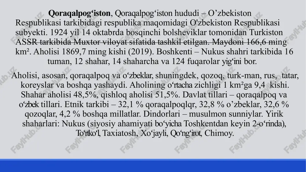ssivlari (eng, yirigi – sulton uvays togʻi, choʻqqilari 473 m va 485 m) bor. sugʻoriladigan yerlar va sugʻorish kanallari, asosan, deltaning oʻng sohilida. gʻarbida bir nechta botiqli (borsakelmas, asakaovdon botiqlarining balandligi 29–101 m) ustyurt platosi joylashgan. plato orol dengizi va amudaryo deltasiga tik yon bagʻirli jarlik – chinklar hosil qilib tushgan. ustyurtdan janubi-sharqda sariqamish soyligining shimoliy chekkasi joylashgan. qoraqalpogʻiston hududida foydali qazilmalardan gaz, gaz kondensati, neft, qurilish va qoplama toshlar, gips va ohaktosh, keramzit, sement, kon-ruda va kon-texnika xom ashyosi olinadi. sanoatida ishlov beruvchi va xom ashyo yetkazib beruvchi tarmoqlar mavjud boʻlib, ular quyidagʻilardan iborat: elektroenergetika; yoqilgʻi sanoati; kimyo va neft kimyosi; mashi-nasozlik va metallsozlik; oʻrmon. yogʻochni qayta ishlash va sellyuloza-qogʻoz; un-yorma va aralash yem; poli-grafiya sanoatlari. taxiatosh issiqlik elektr stansiyasi respublika va qoʻshni viloyatlarning elektr energiyasiga bulgan talabini qondiradi (stansiyaning oʻrtacha yillik quvvati 443,4 mvt). 1996 yilda qoʻngʻirot tumanida "ustyurtgaz" korxonasining ishga tushirilishi bilan yoqilgʻi sanoati vujudga keldi. 2004 …