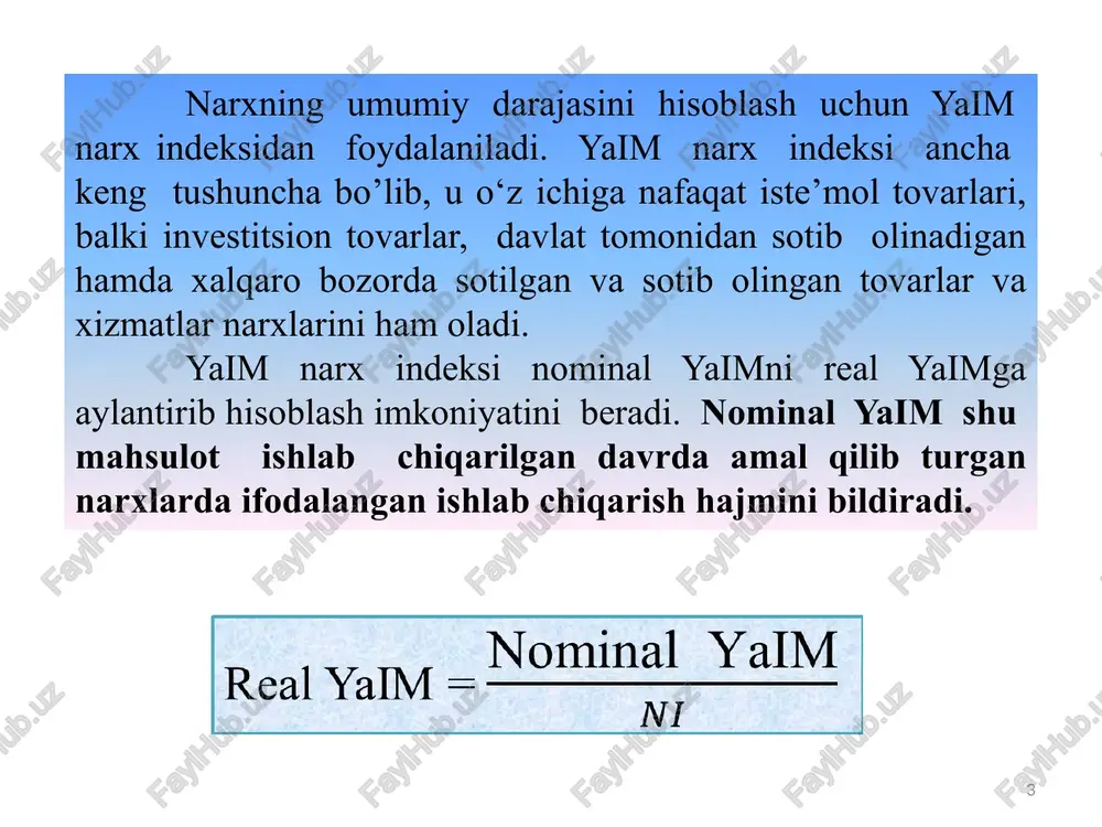 uchun alohida formuladan foydalanadi. 1-formula quyidagi ko‘rinishda bo‘ladi: bu yerda: g – milliy daromadning o‘sish sur’ati (∆y/y); s – kapital sig‘imi (i/∆y); s – milliy daromad tarkibidagi jamg‘arishning ulushi (s/y). 12 2-formula quyidagi ko‘rinishda o‘z ifodasini topadi: bu yerda: gw – haqiqiy jamg‘arma va taxmin qilinayotgan investitsiyalar o‘rtasidagi dinamik muvozanatni ta’minlovchi o‘sishning kafolatlangan sur’ati; cr – kapital koeffitsientining talab etilayotgan miqdori. image1.jpeg image2.png image3.png image30.png image2.wmf oleobject1.bin image3.wmf image4.wmf oleobject2.bin oleobject3.bin image5.wmf image6.wmf oleobject5.bin oleobject4.bin image7.wmf oleobject6.bin image8.wmf oleobject7.bin narx indeksi = joriy yildagi iste'mol tovarlari narxi bazis yildagi istemol tovarlari narxi real yaim = nominal yalim ni yalm joriy davr — y@ilmbazis davr o’s = gow x 100% yalm pazis davr b a l ak y = 75 , 0 25 , 0 01 , 1 l k y ´ ´ = rt e l ak y a a - = 1 s ´ = ´ d i a …