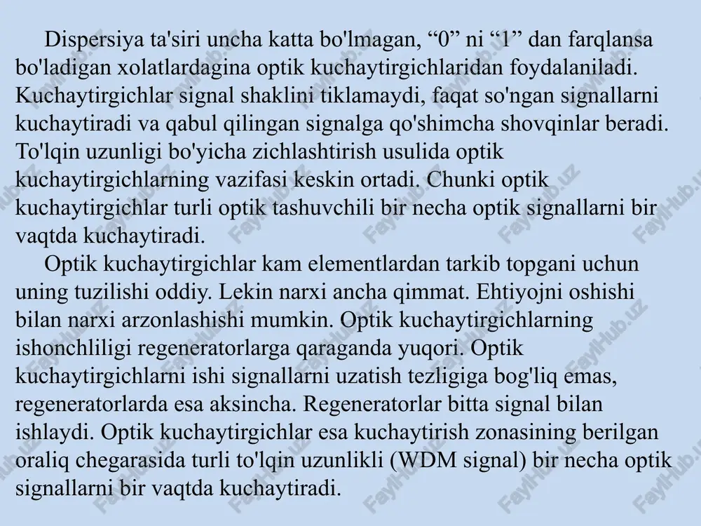amplituda va davriylikka ega impulslar hosil bo'ladi (5). bu impulslar shqga uzatiladi. shqda impulslar shakli to'liq regenerasiyalanib, boshlang'ich signallarga mos keluvchi impulslar shakllanadi. so'ng bu impulslar eoo' da optik nurlanish impulslari ketma-ketligiga o'zgartiriladi. chegaraviy kuchlanishni o'zgarishi regeneratorning shovqinbardoshliligini kamaytiradi, bu chegaralovchi kuchaytirgich (chk) chiqishidagi to'g'rilangan impulslarning maksimal qiymati va chegaralovchi qurilmaning chegaraviy kuchlanishi orasidagi optimal nisbatni buzilishiga olib keladi. bunday optimal nisbatni doimiy ushlab turish uchun regeneratorlarda kab qurilmasi qo'llaniladi. regeneratorlarning yuqorida aytib o'tilgan imkoniyatlari tufayli signallar to'liq qayta tiklanadi, shovqinlarning ta'sir qilishi yo'qoladi, aloqa sifati yaxshilanadi, shovqindan himoyalanganlik oshadi. nazorat savollari 1. optik liniya traktda regenerator va kuchaytirgichlarni qo'llashda qanday farq bor? 2. optik regeneratorlar qanday alohida xususiyatlarga ega? 3. optik signallarni regeneratsiyalash jarayonini tushuntiring. 4. optik regenerator qanday tuzilgan? 5. optik regeneratorni ish prinsipini vaqt diagrammalari asosida tushuntiring. e’tiboringiz uchun rahmat!!! /docprops/thumbnail.jpeg 10- ma'ruza: optik aloga tizimlarining. liniya traktida qo'llaniladigan asosiy qurilmalar. optik retranslyatorlar, uularning turlari reja 1. …