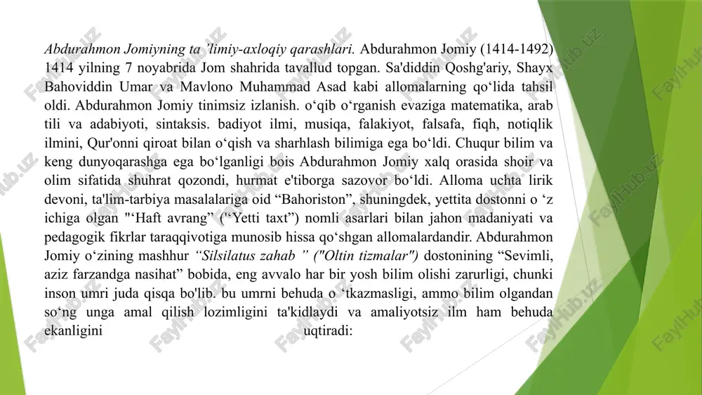 ga keldi, olim eshigi tagidagi supada o‘tirib mudarrislik qilar, oldida shogirdlari sa f tortib o'tirishar edi. ey ustod, kechagi omonatni bersang, kerak bo‘lib qoldi, dedi, bo‘zchi olimga. birpas o‘tir, darsim tamom bo‘lsin. bo‘zchi kutib o'tirdi, ammo dars cho 'zilib ketdi, domlaning dars paytida boshini chayqab qo'yish odati bor edi. shoshib turgan kosib buni ko 'rib, dars berish bosh qimirlatishdan iborat ekan, deb o ‘yladi-da, ustodga: — sen kirib omonatni olib chiq, sening o‘rningga men bosh irg ‘ab turay, ishim zarur, - dedi. a.navoiy (1441-1501) "hamsa” (“hayrat ul -abror”, “farhod va shirin”, "layli va majnun”, ‘‘sab'ai sayyor,“saddi iskandariy’-) “nasoyimul muhabbat”, “munojot". “vaqfiya”, “majolis-un- nafois”, “muhokamat-ul-lug‘atayin", "mahbub ul-qulub” kabi asar va dostonlarida ta'lim-tarbiyaga oid qarashlarini bayon etadi. mazkur asarlarida navoiy komil inson obrazini yaratib, ular qiyofasida namoyon bo'luvchi ma'naviy-axloqiy sifatlarni ulug‘lagan bo‘lsa, ta'limiy-axloqiy muammolarni yorituvchi asarlarida esa komil insonni shakllantirish jarayonining mazmuni, ushbu jarayonning o ‘ziga xos jihatlari, y o 'llari, shakl …