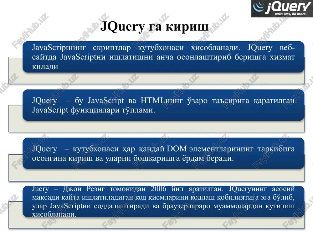 ); this is a heading this is a paragraph. this is another paragraph. click me jquery #id selektori aniq elementni topish uchun html yorlig'ining id atributidan foydalanadi. .class selektori $(document).ready(function(){ $("button").click(function(){ $(".test").hide(); });}); this is a heading this is a paragraph. this is another paragraph. click me jquery .class selektori ma'lum bir sinfga ega elementlarni topadi. jquery selektorlari 14 $("*") barcha elementlarni tanlaydi $(this) joriy html elementini tanlaydi $("p.intro") elementlarining class = "intro" bo'lgan barchasini tanlaydi $("p:first") birinchi ​​elementini tanlaydi $("[href]") href atributli barcha elementlarni tanlaydi $("ul li:first-child") har bir ning birinchi elementini tanlaydi jquery hodisalari 15 $("p").click(function(){ code }); $("#p1").mouseenter(function(){ alert("you entered p1!"); }); $("p").dblclick(function(){ code }); $("#p1").mouseleave(function(){ alert("bye! you now leave p1!");}); $("#p1").mousedown(function(){ alert("mouse down over p1!");}); jquery hodisalari 16 $("#p1").mouseup(function(){ alert("mouse up over p1!");}); $("input").focus(function(){ $(this).css("background-color", "#cccccc"); }); $("#p1").hover(function(){ alert("you entered p1!"); }, function(){ alert("bye! you now leave p1!"); }); $("input").blur(function(){ $(this).css("background-color", "#ffffff"); }); $("p").on("click", function(){ $(this).hide(); …