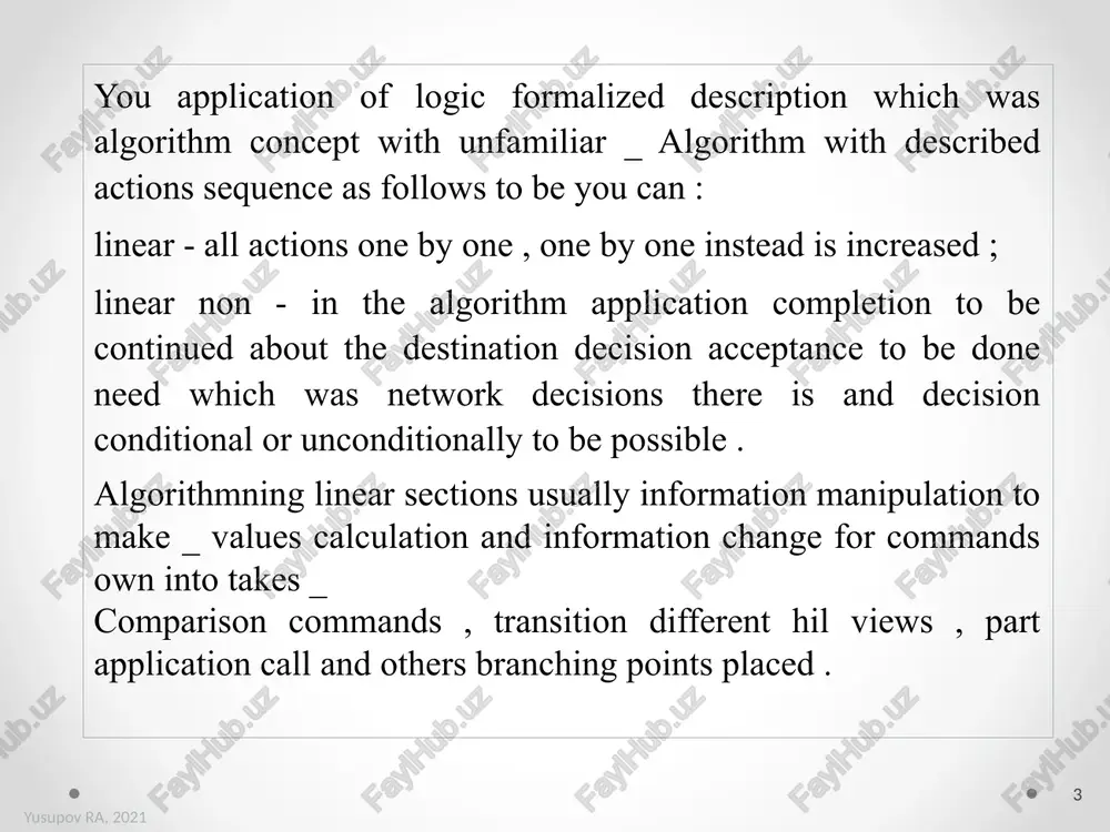 _ memory 's two of the cell content each other with to - g ' ridan -to ' g ' ri replacement ( all assembler instructions are allowed ) is not allowed . _ _ _ _ for example , xchg ax, bx; ax and bx registers content exchange ; a x registry content and the words in the memory in [ si ] address according to _ replacement : xchg ax, word ptr [ si ] yusupov ra, 2021 11 ma'lumotlarni ikki tomonlama uzatish uchun xchg buyrug’i ishlatiladi. ushbu operatsiyani bajarish uchun, albatta, bir nechta mov buyruqlar ketma-ketligini ishlatish mumkin, ammo almashinish operatsiyalari tez-tez ishlatib turilganligi sababli protsessor buyruqlar tizimini ishlab chiquvchilar alohida almashtirish buyrug’i - xchg-ni kiritishni zarur deb hisoblashdi. tabiiyki, operandlar bir xil turda bo’lishi kerak. xotiraning ikkita katakchasining tarkibini bir-biri bilan to’g’ridan-to’g’ri almashtirishga (barcha assembler ko’rsatmalari kabi) yo’l qo’yilmaydi. masalan, xchg ax, bx; ax va bx …