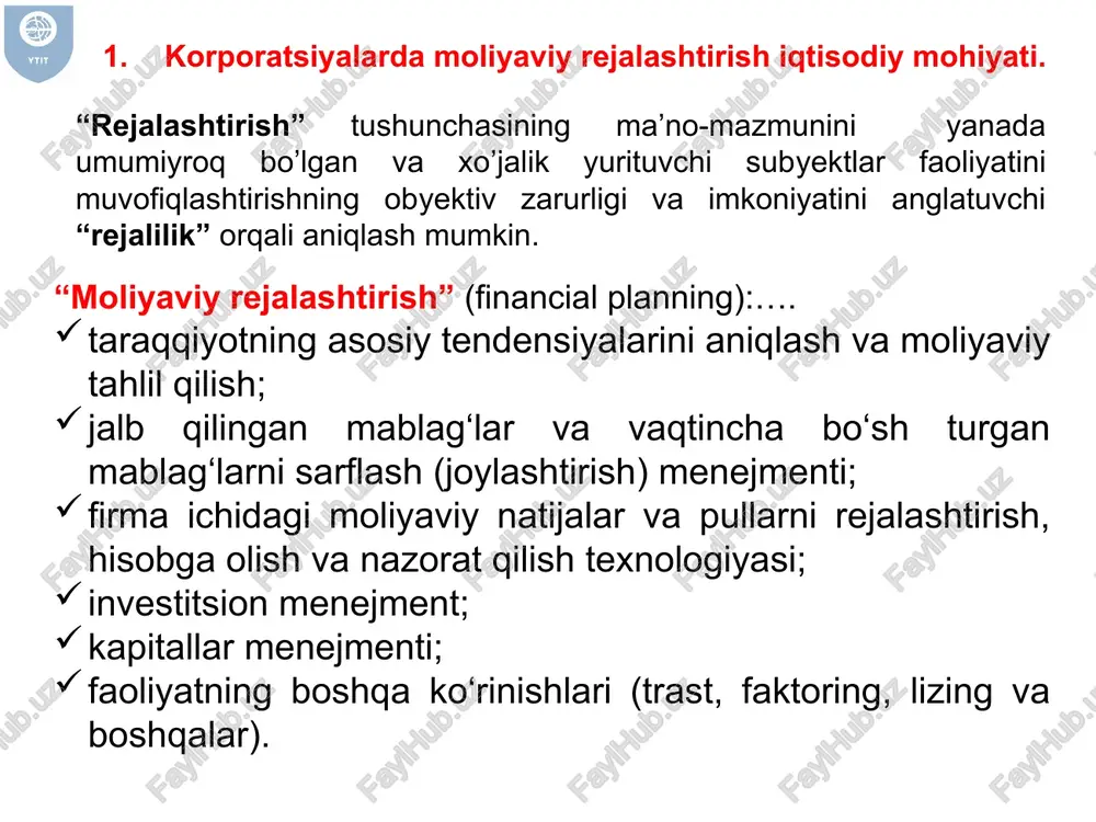 es daromadlaridagi bunday o’zgarishlarning manbasini biznes riski deb ataymiz. – firmani yuritish uchun sarflanadigan o’zgarmas va o’zgaruvchan xarajatlar yig’indisini bildiruvchi firmaning xarajatlar strukturasi natjasida yuzaga keladigan firma daromadlarining o’zgaruvchanligi. o’zgarmas xarajatlarning (o’zgaruvchan xarajatlarga qaraganda) ko’p bo’lishi daromadlardagi o’zgarishlarga nisbatan foydaning o’zgaruvchanligini oshirib yuboradi. – firma daromadlaridagi o’zgarish manbasi bo’lib, u qarzli moliyalashtirish kabi o’zgarmas daromadni talab qilivchi moliyalashtirish manbalaridan foydalanish natijasida yuzaga keladi. biz daromadlardagi bu ko’rinishdagi o’zgarish manbasini moliyaviy risk deb ataymiz. moliyaviy prognoz 1-qadam. rejalashtirilgan muddatda korxonaning foyda va chiqimlarini tasvirlash; 2-qadam. joriy va asosiy aktivlarda, prognoz qilinayotgan sotuv darajasini qoʻllab turish uchun kerak boʻladigan investitsiya darajasini baholash; 3-qadam. oʻz aktivlarini moliyalashtirish uchun kerak boʻlgan, butun rejalashtirilgan muddatdagi korxonaning moliyaviy talablarini aniqlash; sotuvlar prognozi. moliyaviy oʻzgaruvchilarni prognoz qilish. moliyaviy prognoz strategik rejalashtirish – bu, shunday rejalashtirish turiki, unda korxona faoliyatining asosi sifatida inson omiliga tayaniladi; ishlab chiqarish faoliyati iste’molchilar talablariga moslashtiriladi; uzoq muddatda korxonaning yashashi va o’z maqsadiga …
