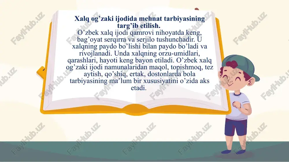 yozma adabiy manbaga ega bo’lgan bevosita yozma adabiyot ta’sirida yaratilgan dostonlardir. layli va majnun, farhod va shirin, zevarxon, rustami doston. maqol – xalqning dono, purhikmat ifodalari,yirik madaniyat arboblari,olimlar,davlat arboblarining ibratomuz gaplari, xalqning hayotiy tajribalari asosida yuzaga kelgan dono fikrlarni ixcham shaklda ifodalovchi asarlardir.maqollar she’riy va nasriy tuzilishga ega. ularda mehnatsevarlik,vatanparvarlik,mardlik,saxiylik,adolat,insof,do’stlik,olijanoblik,chininsoniy g’oyalar,sof muhabbat, ilm olisga da’vat kabilar o’z eksini topgan. misollar: azob ko’rmay – rohat yo’q, ishlamay yegan – og’rimay o’lar, tirishgan tog’dan oshar, vataning tinch – sen tinch va boshqalar. rivoyat – xalqning tarixiy o’tmishi haqidagi badiiy yodnomalar.biz rivoyatlar va afsonalar tufayli ajdodlarimiz ko’rsatgan buyuk qahramonliklar haqidagi tarixni bilib olamiz.rivoyatlar afsonalarga qaraganda tarixga yanada yaqin turadi.ular ham xalq ijodidir.ertakli ertakchi, dostonlarni baxshilar ijro etganlari holda afsona va rivoyat istalgan kishi tomonidan aytilishi mumkin. muvaffaqiyatni siri mehnatda yashiringan. mehnatkash insonlar ertami kechmi muvaffaqiyatga erishadilar. peshona teri, koz nuri, qol mehnati yetmagan (tegmagan) narsa yoqdir. buyuk insonlarning hammasi intilishi va gayrati bilan …