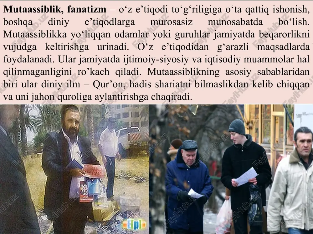 n tafakkur uslubi va xatti-harakatlar. ko’rinishlari: diniy aqidaparastlik – voqea-hodisalarga aniq tarixiy yondashuv tamoyilini inkor qiladi. islom dinidagi vahhobiylik oqimi (xviii – asrda yashagan) ta’limotiga ko’ra, islom aqidalariga qattiq rioya qilishdan tashqari, oldingi vii asrga qaytish, an’ana, urf-odatlardan voz kechish, boshqa dinlarga murosasiz bo’lish kerak. aziz-avliyolarni, marhumlar qabrini ziyorat qilishni rad etadi, ayollar yuzini ochib yurishga qarshi, erkaklar bilan teng huquqini rad etish kabi. diniy ekstremizm – afg’oniston, jazoir, yaqin sharq, iroq va shom islom davlatida faoliyat ko’rsatib terrorchilik amallari oqibatida minglab begunoh kishilar halok bo’lmoqda. 1999 yil 16 fevralda toshkentda, keyinchalik toshkent viloyati yangiobod shahri yaqinida, surxondaryo viloyati (2000 yil avgust) sariosiyo va uzun tumanlarida, 2005 yil 12-13 mayda andijon voqeasi bilan bog’liq va hokazo. “yoshlarning diniy ekstremistik oqimlar ta’siridan asrash masalasi barchamiz uchun eng asosiy masala bo’lib turibdi”, “xalqimiz o’rtasida keng tarqalgan “o’z uyingni o’zing asra!” degan da’vatga bugun “o’z bolangni o’zing asra!” deb qo’shimcha kiritish vaqti keldi” …