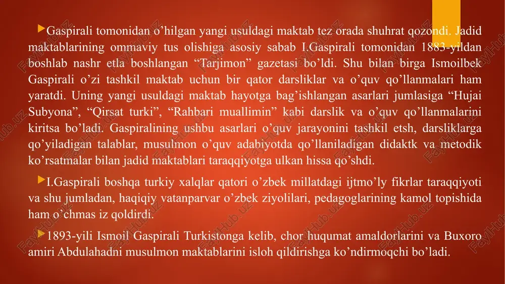 qadimistlar, deb atay boshladilar. xix asr boshlarida bir qancha ma’rifatparvar mudarrislar buxoro shaxridagi 200 ga yaqin madrasani islox qilish g’oyasi bilan chiqdilar. bu xarakat boshida madrasa mudarrisi abu nasr al kursaviy turgan edi. qadimistlar esa ularni kofirlik va xudosizlikda aybladilar. buxoro amiri xaydar esa kursaviyni zindonga tashlatib, o’lim jazosiga xukm qiladi. ammo uning tarafdorlari uni zindondan qochiradilar. kursaviy qozonda o’z faoliyatini davom ettirib, 1813 yilda vafot etadi. xix asrning 50-60 – yillarida diniy islohotchilik xarakati yanada kengaya boshlaydi. endi bu xarakat boshida buxorolik mudarris va tarixchi olim marjoniy (1818-1889), g’ijduvonlik domla fozil, mo’minjon vobkandiy, mulla xudoyberdi boysuniy va boshqa mudarrislar turar edilar. ular madrasa va maktablarni islox qilishni emas, balki ortiqcha darslarni olib tashlash tarafdori ekanliklarini yozadilar. islohotchilar raxnamosi marjoniy o’zining dasturida quyidagi olti asosiy masalalarni qo’yadi: xix asr oxiri – xx asrning boshlarida turkistonda chor mustamlakachiligining kuchayishi natijasida markaziy osiyoning ko’p joylarida jadidchilik xarakati kuchayib ketdi. bu xarakat mavjud …