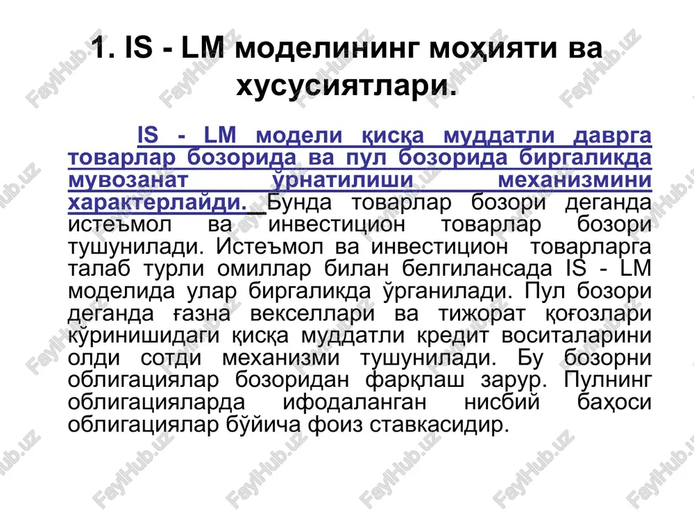 erda m = 1/(1-s(1-t)+m’)). 2.is - egri chizig'i va uning tenglamasi demak tovarlar va xizmatlar bozorida daromadlar darajasi va foiz stavkasi dinamikasi o'rtasida teskari bog'liqlik mavjud. 2.is - egri chizig'i va uning tenglamasi lm egri chizig'i o'zgarmas narxlar sharoitida pul vositalari bozorida vujudga keladigan foiz stavkasi va daromadlar darajasi o'rtasidagi o'zaro bog'liqlikni aks ettiradi. lm egri chizig'ining har bir nuqtasida pulga talab md pul taklifi ms ga teng bo'ladi (liquidity preferense = money supply). pul bozorida bunday muvozanatga daromad y ning oshishi bilan foiz stavkasi r o'zgarishi orqali erishiladi. 3. lm - egri chizig'i va uning tenglamasi ma'lumki, pulga talab miqdoriga foiz stavkasidan tashqari daromadlar darajasi ham ta'sir ko'rsatadi. daromadlar yuqori bo'lsa, xarajatlar ham ko'p bo'ladi. bu esa, o'z navbatida iste'mol va boshqa xarajatlar uchun pulga talabni oshishiga olib keladi. shunday qilib, daromadlar darajasining yuqoriroq bo'lishi pulga talabni oshiradi. demak, daromad va pulga talab dinamikasi o'rtasida to'g'ri bog'liqlik mavjud. 3. …
