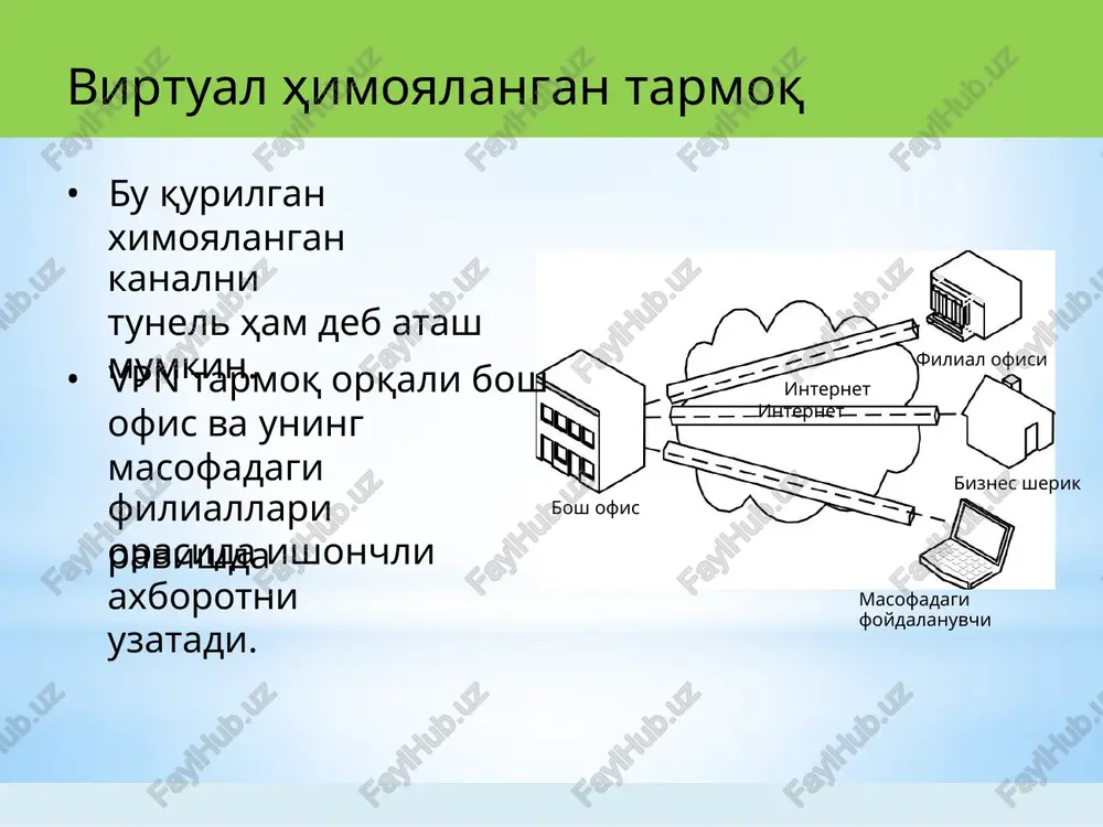 va xavfsiz foydalanishga imkon beruvchi virtual xususiy tarmoš vpn yaratish ustida ishlar olib borildi. natijada 1990 yilning boshida virtual xususiy tarmoš vpn kontseptsiyasi yaratildi. "virtual" iborasi vpn atamasiga ikkita uzel o'rtasidagi ulanishni vaštincha deb ko'rilishini ta'kidlash mašsadida kiritilgan. ќašišatan, bu ulanish doimiy, šat'iy bo'lmay, fašat ochiš tarmoš bo'yicha trafik o'tganida mavjud bo'ladi. virtual tarmoš vpnlarni šurish kontseptsiyasi asosida etarlicha oddiy ђoya yotadi: agar global tarmošda axborot almashinuvchi ikkita uzel bo'lsa, bu uzellar orasida ochiš tarmoš oršali uzatilayotgan axborotning konfidentsialligini va yaxlitligini ta'minlovchi virtual ќimoyalangan tunnel šurish zarur va bu virtual tunneldan barcha mumkin bo'lgan tashši faol va passiv kuzatuvchilarning foydalanishi xaddan tashšari šiyin bo'lishi lozim. shunday šilib, vpn tunneli ochiš tarmoš oršali o'tkazilgan ulanish bo'lib, u oršali virtual tarmošning kriptografik ќimoyalangan axborot paketlari uzatiladi. bunda simmetrik va asimmetrik kriptografik tizimlar birgalikda ishlatiladi. axborotni vpn tunneli bo'yicha uzatilishi šuyidagi vazifalarni bajarishga asoslangan: - o'zaro alošadagi taraflarni autentifikatsiyalash; - uzatiluvchi ma'lumotlarni kriptografik …