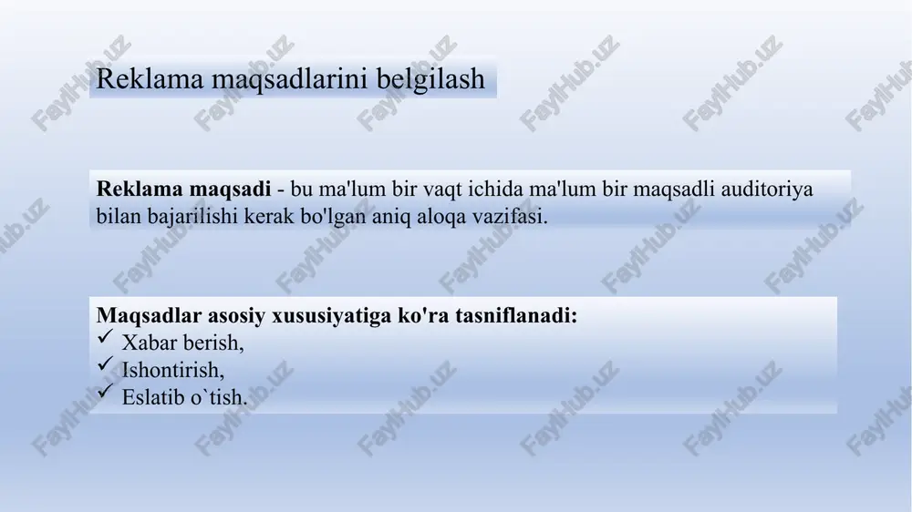 barini yaratish xabar strategiyasi ijodiy konsepsiya xabar bajarilishi samarali reklama mazmunini yaratishda birinchi qadam iste'molchilarga yetkaziladigan xabar strategiyasini - umumiy xabarni rejalashtirishdir. reklamaning maqsadi iste'molchilarni mahsulot yoki kompaniyaga ma'lum bir tarzda munosabatda bo'lish yoki unga munosabat bildirishdir. ijodiy konsepsiya reklama kampaniyasida qo'llaniladigan maxsus murojaatlarni tanlashga rahbarlik qiladi. reklama murojaatlari uchta xususiyatga ega bo'lishi kerak. ular mazmunli, ishonarli, o'ziga xos bo'lishi kerak. xabarning bajarilishi. endi reklama beruvchi katta g'oyani maqsadli bozor e'tiborini va qiziqishini jalb qiladigan haqiqiy reklama ijrosiga aylantirishi kerak. ijodiy guruh xabarni bajarish uchun eng yaxshi yondashuv, uslub, ohang, so'z va formatni topishi kerak. bugungi raqamli va ijtimoiy media texnologiyalaridan foydalangan holda, ko'plab kompaniyalar marketing mazmuni, xabarlar g'oyalari yoki hatto haqiqiy reklama va videolar uchun iste'molchilarga murojaat qilmoqdalar. ba'zida natijalar ajoyib bo'ladi; ba'zan ular unutilib ketadi. agar yaxshi bajarilgan bo'lsa, foydalanuvchi tomonidan yaratilgan kontent mijozning ovozini brend xabarlariga qo'shishi va mijozlarning ko'proq jalb qilinishini keltirib chiqarishi mumkin. iste'molchi tomonidan …