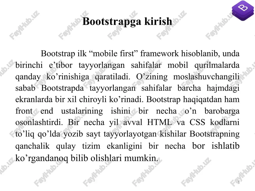 nt. sleek, intuitive, and powerful mobile first front-end frarr faster and easier web development. download source download bootstrap download source € > gs _ @ getbootstrap.com ar ©gpord: cepences gb mepeson drink-driv.. gb onpenenenne ete... m gmail @ youtube q kpn @ @ build fast, responsive sites with bootstrap quickly design and customize responsive mobile-first sites with bootstrap, the world’s most popular front-end open source toolkit, featuring sass variables and mixins, responsive grid system, extensive prebuilt components, and powerful javascript plugins. get started currently v5.0.0-beta3 - v4.6.x docs - all releases /docprops/thumbnail.jpeg ‘muhammad alworazmiy nomidagi toshkent axborot texnologivalari ‘universiteti multimedia temologalr kas bootstrap feymvork texnologivasi. bazaviy ‘shablonlarni slash. komponentiar