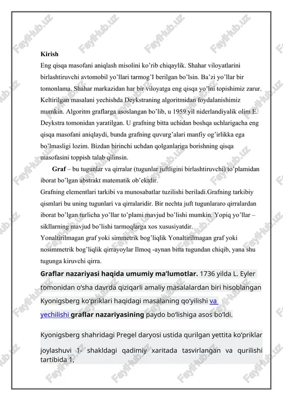 shunday juftlikka aytiladiki, bu yerda va – (, ) ko‘rinishdagi juftliklar korteji1 bo‘lib, to‘plamning elementlaridan tuzilgandir. bundan buyon grafni belgilashda yozuv o‘rniga yozuvdan foydalanamiz. grafning tashkil etuvchilarini ko‘rsatish muhim bo‘lmasa, u holda uni lotin alifbosining bitta harfi, masalan, bilan belgilaymiz. graf berilgan bo‘lsin. to‘plamning elementlariga grafning uchlari, to‘plamning o‘ziga esa, graf uchlari to‘plami deyiladi. graflar nazariyasida “uch” iborasi o‘rniga, ba’zan, tugun yoki nuqta iborasi ham qo‘llaniladi. umuman olganda, hanuzgacha graflar nazariyasining ba’zi iboralari bo‘yicha umumiy kelishuv qaror topmagan. shuning uchun, bundan keyingi ta’riflarda, imkoniyat boricha, muqobil (alternativ) iboralarni ham keltirishga harakat qilamiz. grafning ta’rifiga ko‘ra, bo‘sh kortej bo‘lishi ham mumkin. agar bo‘sh bo‘lmasa, u holda bu kortej (, ) ko‘rinishdagi juftliklardan2 tashkil topadi, bunda bo‘lishi hamda ixtiyoriy juftlik kortejda istalgancha marta qatnashishi mumkin. juftlikni tashkil etuvchi va uchlarning joylashish tartibidan bog‘liq holda, ya’ni yo‘nalishning borligi yoki yo‘qligiga qarab, uni turlicha atash mumkin. agar juftlik uchun uni tashkil etuvchilarning joylashish tartibi …