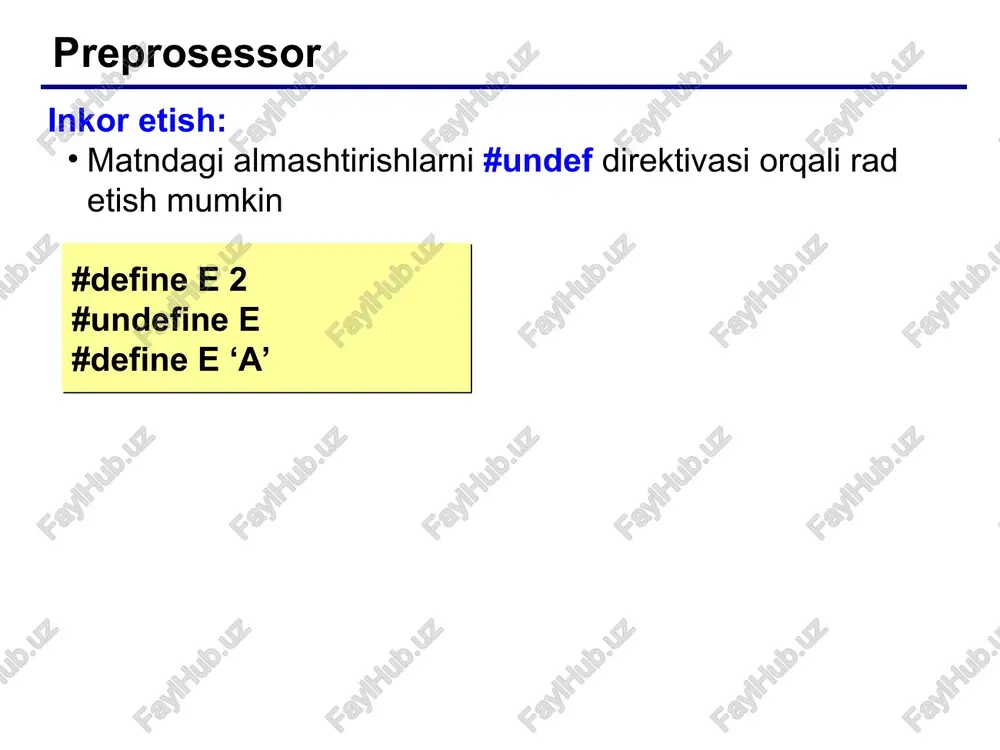 ndef - identifikatorni va makrosni aniqlanishini bekor qilish; #if -shart ifodani tekshirish; #ifdef - identifikator aniqlanishini tekshirish; #ifndef - identifikator noaniqligini aniqlash; #else - #if uchun alternativ tarmoqning boshlanishi; #endif - shart direktivasi #if ning oxiri; #elif - tarkibiy direktiva #else/#if; #line - keyingi satr nomerini almashtirish; #error - translyatsiya xatosi xakidagi xabarni formallashtirish; #pragma - oldindan aniqlangan amallar; # -bo'sh direktivalar. http://acm.tuit.uz * * preprosessorlarni boshqarish http://acm.tuit.uz preprosessor direktivalaridan tashqari preprosessor amallari xam mavjud, ular buyruqlar bilan birgalikda batafsil o’rganiladi. defined - operandning rostligini tekshirish; ## - preprosessor leksemalarini birlashtiradi; # - operandni satr simvoliga akslantiradi ( aylantiradi). #include - dastur matniga ko’rsatilgan fayldagi matnni ulash (bog’lash, qo’shish) imkonini beradi. #undef - #define direktivasi aniqlagan amallarni bekor qiladi. http://acm.tuit.uz * * preprosessorlarni boshqarish http://acm.tuit.uz masalan: dastlabki matn preprotsessor qayta ishlagandan #define begin { keyingi natija #define end } void main() void main( ) begin { operatorlar operatorlar end } …