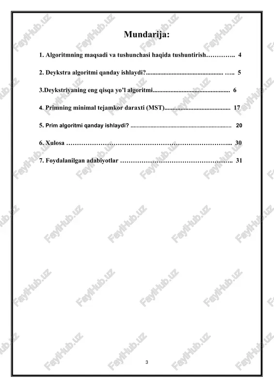 bo‘lgan tugallanishni topish uchun ishlatiladi. algoritmda har bir tugallanish uchun bo‘shlik miqdorini hisoblash uchun vaqt xarajatlari ishlatiladi. har bir tugallanish uchun bo‘shlik miqdorini aniqlash uchun, boshlang‘ich tugallanish nuktasi orqali qolgan barcha nuktalarga olib boriladi va ulardan eng kam miqdorda bo‘lgan tugallanish tanlanadi. tanlangan tugallanishning miqdori tugallanish nuktasi orqali barcha nuktalarga yetib borish vaqtida aniqlanadi. algoritmda, barcha nuktalarga olib borish uchun grafning to‘g‘ri uzluksiz bo‘lganligini tekshirish uchun dfs yoki bfs kabi qo‘llanmalar ishlatilmaydi. bu sababli dijkstra algoritmi orqali eng qisqa yo‘l topish uchun ishlatiladigan vaqt xarajatlari katta bo‘lmaydi. algoritmdan kutiladigan natijalar, boshlang‘ich tugallanish nuktasidan barcha nuktalarga eng kam miqdorda borish uchun zarur bo‘lgan bo‘shlik miqdorlarini aniqlaydi. bu natijalarga asosan, grafda eng qisqa yo‘l yoki minimum ostova ag‘lini topish mumkin. grafikadagi manba va vertexni berilgan holda, berilgan grafikdagi manbadan vertikalgacha bo'lgan eng qisqa yo'llarni toping. 3.deykstriyaning eng qisqa yo’l algoritmi. dijkstraning algoritmi primning minimal daraxtni qisqartirish algoritmiga juda o'xshaydi . prim's mst …