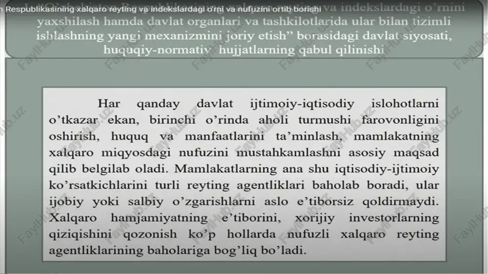 oldi. o`zbekistonning iqtisodiy erkinligi 53,3 ballga teng bo`lib, 2019-yilgi ko`rsatkichga binoan 140-o`rinda. biznes erkinligi, mehnat erkinligi hamda investitsiya erkinligi yuqorilab, o`zbekiston iqtisodiy erkinligi umumiy hisobda 1,8 ballga o`sgan. o`zbekiston osiyo-tinch okeani mintaqasidagi 43 mamlakat orasida 36-o`rinni egallab turibdi va uning umumiy reytingi mintaqaviy va jahon o`rtacha ko`rsatkichlaridan past. image1.png image2.png image3.png image4.png image5.png image6.png image7.png | reja: | 1. “o’zbekiston respublikasining xalqaro reyting va indekslardagi o’rnini yaxshilash hamda davlat organlari va tashkilotlarida ular bilan tizimli ishlashning yangi mexanizmini joriy etish” borasidagi davlat siyosati, huqugiy-normativ hujjatlarning qabul qilinishi 2. o’zbekiston respublikasi uchun ustuvor bo’lgan xalqaro reyting va indekslar bo’yicha samaradorlikning eng muhim ko’rsatkichlarini oshirish borasida olib borilayotgan chora-tadbirlar. y respublikasining xalqaroireyting valindekslatdagl otal va auflzini oft borishi yaxshilash hamda davlat organlari va tashkilotlarida ular bilan tizimli ishlashning yangi mexanizmini joriy etish” borasidagi davlat siyosati, huquqiy-normativ hujjatlarning qabul qilinishi har gqanday davlat ijtimoiy-igqtisodiy islohotlarni o’tkazar ekan, birinchi o’rinda aholi turmushi farovonligini oshirish, …