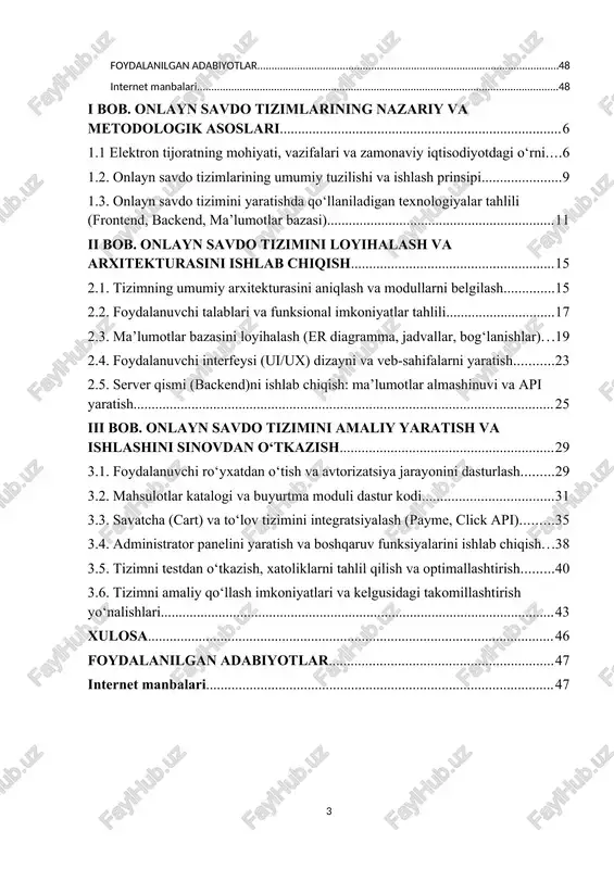 g ilmiy-metodik yondashuvlari ishlab chiqiladi. tizimni ishlab chiqishda modullik, xavfsizlik, ma’lumotlar bazasi arxitekturasi va foydalanuvchi tajribasi (ux/ui) kabi muhim omillar kompleks tarzda tahlil qilinadi. shu orqali axborot tizimlarini yaratish jarayonida qo‘llanilishi mumkin bo‘lgan metodologik asoslar shakllantiriladi. yaratilgan onlayn savdo tizimini real hayotda, ya’ni kichik va o‘rta biznes sub’yektlari, mahalliy internet-do‘konlar yoki xizmat ko‘rsatuvchi korxonalar faoliyatida tatbiq etish imkoniyatidadir. mazkur tizim yordamida mahsulotlarni internet orqali tez va xavfsiz tarzda sotish, xaridor bilan muloqot o‘rnatish, buyurtmalarni avtomatik tarzda qayta ishlash va onlayn to‘lovlarni amalga oshirish mumkin bo‘ladi. natijada korxona samaradorligi oshadi, xaridorlar soni kengayadi va savdo jarayonlari avtomatlashtiriladi. kurs ishining maqsadi zamonaviy axborot texnologiyalaridan foydalangan holda onlayn savdo tizimini yaratish, uni loyihalash, ishlab chiqish va amaliyotda qo‘llash imkoniyatlarini o‘rganishdan iborat. bugungi raqamli iqtisodiyot sharoitida internet orqali tovar va xizmatlar savdosini tashkil etish samaradorlikni oshirish, xaridorlar bilan qulay aloqa o‘rnatish va biznes jarayonlarini avtomatlashtirishda muhim ahamiyat kasb etadi. kurs ishining vazifalari — onlayn …