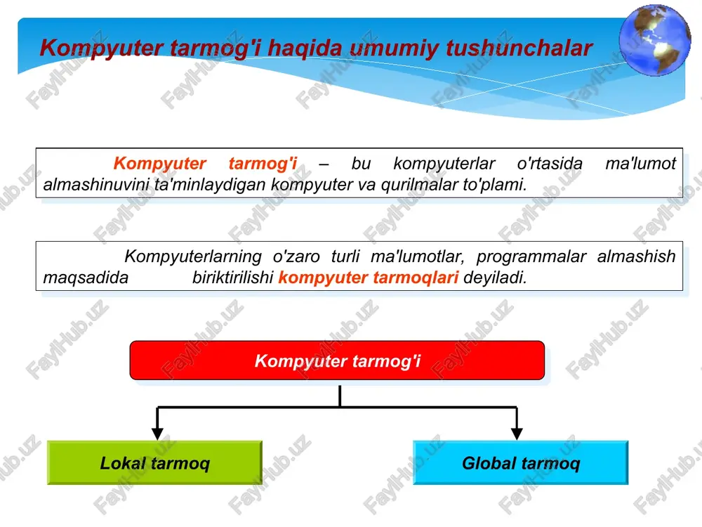 hi stansiya – tarmoqqa ulangan shaxsiy kompyuter, foydalanuvchi shu orqali axborot resyrslariga kirib boradi mijoz (klient)- vazifa, ishchi stansiya yoki kompyuter tarmog’idan foydalanuvchi server-tarmoqqa ulangan va unda foydalanuvchilarga ma’lum xizmatlar ko’rsatuvchi kompyuter bir darajali tarmoq-ishchi stansiyalar o’zaro ta’sirini boshqarishning yagona markazi yo’q va ma’lumotlarni saqlash uchun yagona qurilma mavjud emas. bu tarmoqlar lan tastic, nwl tarmoq operatsion tizim bazasida keng qo’llaniladi. ish stansiyasi ish stansiyasi ish stansiyasi bir darajali tarmoq lokal tarmoqdagi qurilmalarning o’zaro aloqasini boshqarish lokal tarmoqdagi qurilmalarning o’zaro aloqasini boshqarish ajratilgan serverli tarmoq -kompyuterlardan biri barcha ishchi stansiyalar uchun mo’ljallangan ma’lumotlarni saqlash ishchi stansiyalar ortasidagi o’zaro aloqani boshqarish va boshqa bir qator vazifalarni bajaradi. buning uchun netlink dasturidan foydalish mumkin ajratilgan serverli tarmoq ish stansiyasi ish stansiyasi ish stansiyasi 7) [tp sete] jig lax pagorars bmstepnere bookmarks [ pages & signatures: attachments 16 pacnonoxenteix no sceny mupy. mostomy cets matephet hasbibaetca rmofanbhoh « id 4 [ 2a | …