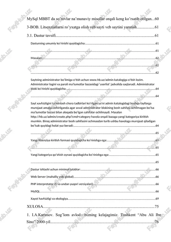 shini guruhlash va kerakli litsenziatning litsenziya nomeriga ko’ra qidiruvni tashkil qilish imkoniyatini beradi. ishning taqbiqi: php dasturlash tili mysql mbbt ning maxsus qidiruv so’rovini dinamik hosil qilib, qidiruvni amalga oshirish imkonini beradi. ishning aprobatsiyasi. ushbu bitiruv malakaviy ishi o’zraa va ttdq qashqadaryo hududiy boshqarmasi hodimlari tomonidan o’rganib chiqib moderinizatsiya qilinmoqda. ish hajmi va strukturasi. bmi kirish, to’rtta bob va xulosadan iborat bo’lib,__ betli mashina testida ___ ta jadval va ___ ta rasmdan tashkil topgan. foydalanilgan adabiyotlar mavjud. 1-bob. web sahifa yaratishning dasturiy ta’minoti 1.1.html tili bilan php ning bo’gliqligi php bilan html ni ishlatishda bir qncha imkoniyatlar mavjud. phpning salohiyati tasvirlarni ishlatishga pdf fayllarni va bundan tashqari kinolarni hosil qilishga ham yetadi. qanday xhtml va boshqa xml fayllarni osongina ishlatishimiz mumkin. php fayllarni avtoginiratsiya ya’ni avtomatik chaqira oladi va sistemada saqlay oladi, ularni pechatlashni o’rniga dinamik mundarijalar uchun server-side (hizmat qiladigan-tomon) omborini formatlashtiradi. php ni yaxshi ma’lumotlaridan biri uning kuchli …