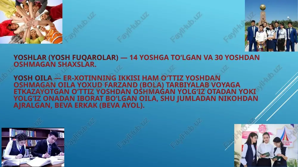 hqarmalari va tuman (shahar) bo‘limlari tashkil etildi. agentlikning asosiy vazifa va faoliyat yo‘nalishlari belgilandi. agentlik, jumladan, yoshlar bilan bog‘liq soha va yo‘nalishlarda yagona davlat siyosati, strategik yo‘nalishlar va davlat dasturlarini ishlab chiqadi hamda amalga oshiradi. shuningdek, agentlik yoshlar siyosati sohasidagi qonun hujjatlariga rioya etilishi ustidan davlat nazoratini amalga oshiradi. 2020 yil 30-iyun kuni o‘zbekiston respublikasi prezidentining “o‘zbekiston respublikasida yoshlarga oid davlat siyosatini tubdan isloh qilish va yangi bosqichga olib chiqish chora-tadbirlari to‘g‘risida” pf-6017-son farmoni qabul qilindi. image1.png image2.png image3.png image4.png image5.png image6.png image7.png image8.png image9.png image10.png image11.png image12.png muxammad al-xorazmiy nomidagi toshkent axborot texnologiyalari universiteti farg‘ona filiali 2017-yil-30-iyun kuni o‘zbekiston respublikasi prezidenti shavkat mirziyoyev ishtirokida “kamolot” yoshlar ijtimoiy harakati (yoih) qurultoyi bo‘lib “o‘zbekistoni yoshlar ittifoqi” iyatini yuksaltirish va ularning bo’ fashkil etish bo'yicha 5 ta muhim tas! ‘hrca tse ‘yoshlarning musioarassovli, adabyot, teatrva {s01 thing bsh turlarigaqzioishlarm oshishca, 'stedodim yuzaga choarishea zu iad! twn taste is yoshlarn suomi chngtrs beshinch …