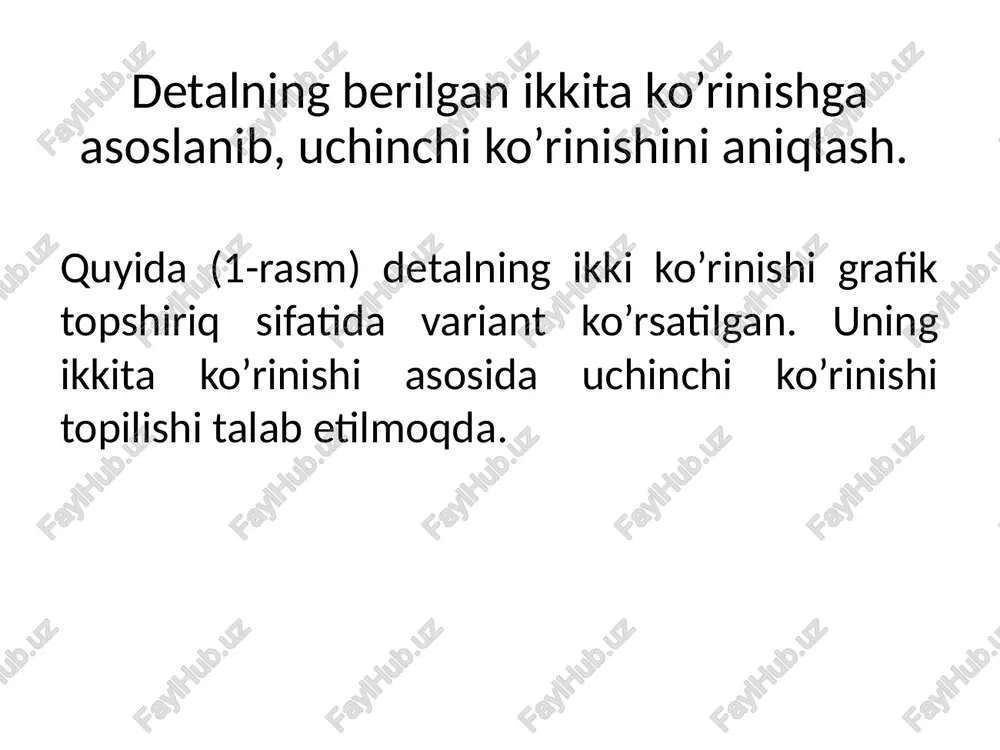va z koordinatalari klaviatura orqali raqamlar bilan terib kiritiladi va u koordinata boshi no‘lga nisbatan hisoblanadi. ehme => ha o db i> | area ia . koordinatalari a(20,80,50); b(80,30,130) bilan berilgan [ab] kesma chizilsin (l-rasm). eslatma. x,=20; y,=80; z,=50; x,=80; y3=30; zg=130. b(80, 30,130) zz a a(20,80,50) es talc) tutecad 2010 meprend dg knaccnuknii aute@abihing ishchi cb u3zometpna o'rnatilgan @ 5j|\rlia oo bp i> | welsh a tautecad 2010 yep =e 0) tautecad 2010 8 ep =e 0) autocad 2010 ep =e 0) 00:19:27 00:46:04 =e 0) autocad 2010 hep hes(pae) oe ote |e gales 00:46:01 =e 0) =e 0) ushbu_usulda agg jovlashean obyekt nuqtasining koordinatalari, so‘nggi kiritilgan nuqtaning koo ga ega bo‘ladi. @xx,y,z bu yerda: rdinatalariga nisbatan olinadi va u quyidagi ko‘rinist @60,-50,70 @ 7 poner ean nuqtaning koordinatalarini no‘lga teng deb o‘qiydi; x,y, va z — kiritiladigan nuqtaning son qiymatidagi koordinatalari koordinatalari a(0,0,0); b(60,-50,70) bilan berilgan [ab] kesma …