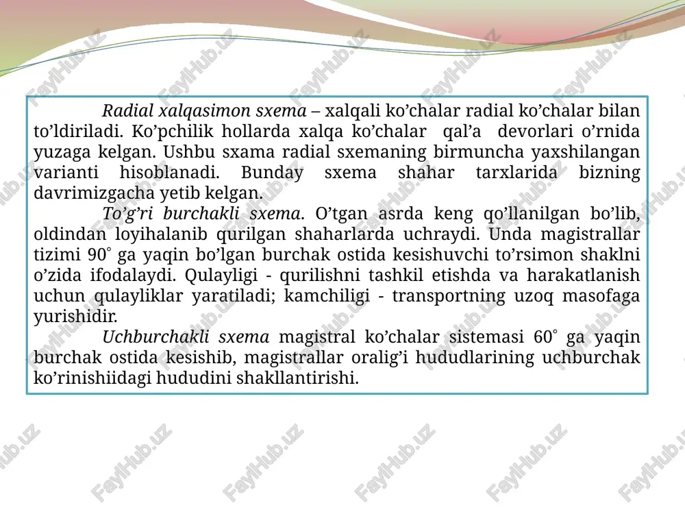 a – to’g’ri burchakli; b – uchburchak va ko’pburchakli; v – radial-xalqasimon; shahar magistrallari va yo’llari sistemalari turlariga misollar: g – aralash; d – erkin sxemada; e – ilmoqsimon sxemada. e’tiboringiz uchun raxmat! image2.jpeg image3.jpeg image4.jpeg image5.jpeg cuopioio} ojo cjoricidiojo]y =) @ a ) c_iqo /docprops/thumbnail.jpeg [st siaharning transport tamogind loyihalash 122. tashi transport tarmogi 1.3, tumanni rejalashtivishda transpord