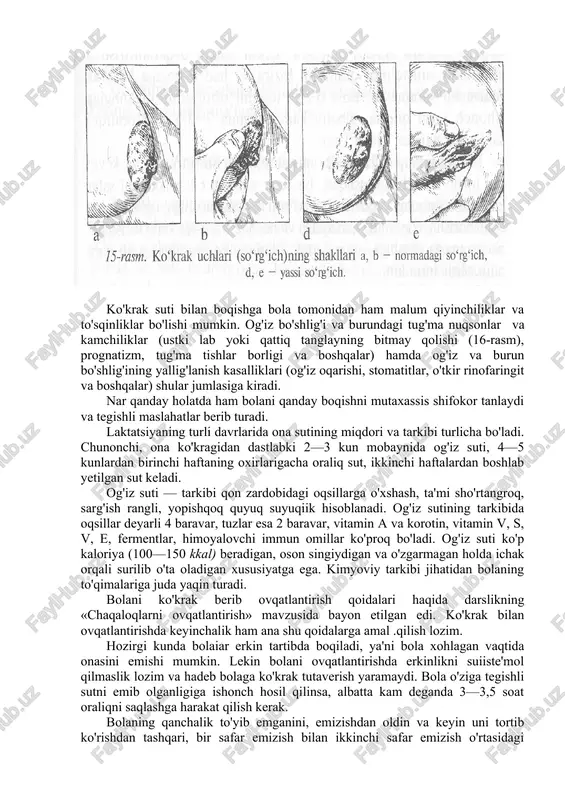 aslahatlar berib turadi. laktatsiyaning turli davrlarida ona sutining miqdori va tarkibi turlicha bo'ladi. chunonchi, ona ko'kragidan dastlabki 2—3 kun mobaynida og'iz suti, 4—5 kunlardan birinchi haftaning oxirlarigacha oraliq sut, ikkinchi haftalardan boshlab yetilgan sut keladi. og'iz suti — tarkibi qon zardobidagi oqsillarga o'xshash, ta'mi sho'rtangroq, sarg'ish rangli, yopishqoq quyuq suyuqiik hisoblanadi. og'iz sutining tarkibida oqsillar deyarli 4 baravar, tuzlar esa 2 baravar, vitamin a va korotin, vitamin v, s, v, e, fermentlar, himoyalovchi immun omillar ko'proq bo'ladi. og'iz suti ko'p kaloriya (100—150 kkal) beradigan, oson singiydigan va o'zgarmagan holda ichak orqali surilib o'ta oladigan xususiyatga ega. kimyoviy tarkibi jihatidan bolaning to'qimalariga juda yaqin turadi. bolani ko'krak berib ovqatlantirish qoidalari haqida darslikning «chaqaloqlarni ovqatlantirish» mavzusida bayon etilgan edi. ko'krak bilan ovqatlantirishda keyinchalik ham ana shu qoidalarga amal .qilish lozim. hozirgi kunda bolaiar erkin tartibda boqiladi, ya'ni bola xohlagan vaqtida onasini emishi mumkin. lekin bolani ovqatlantirishda erkinlikni suiiste'mol qilmaslik lozim va hadeb …